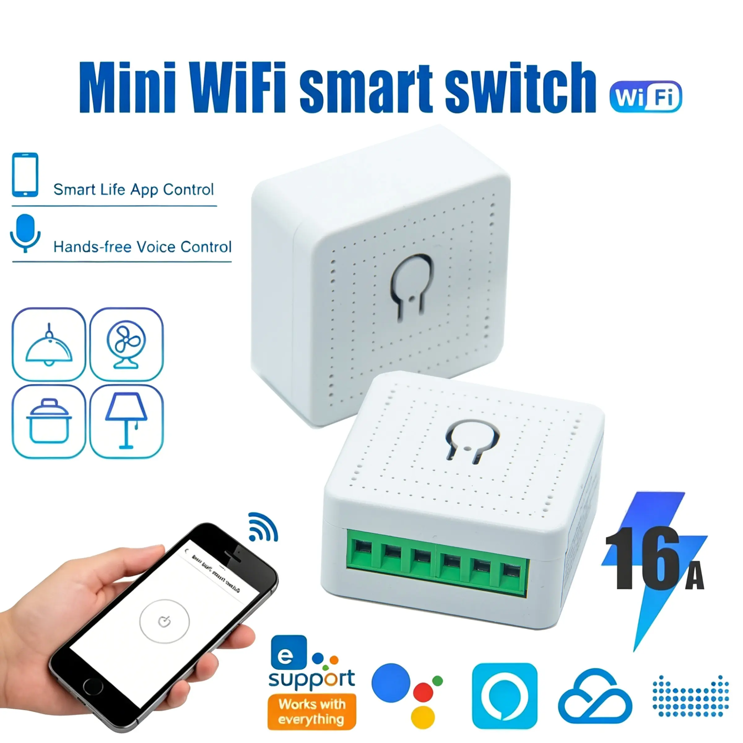 2pcs Mini WiFi Smart Switch 16a Relay, Wireless Remote Switch, Compatible with Alexa and Google Home, Remote Control, Voice Control, DIY Mode, Timer, Lan Control
