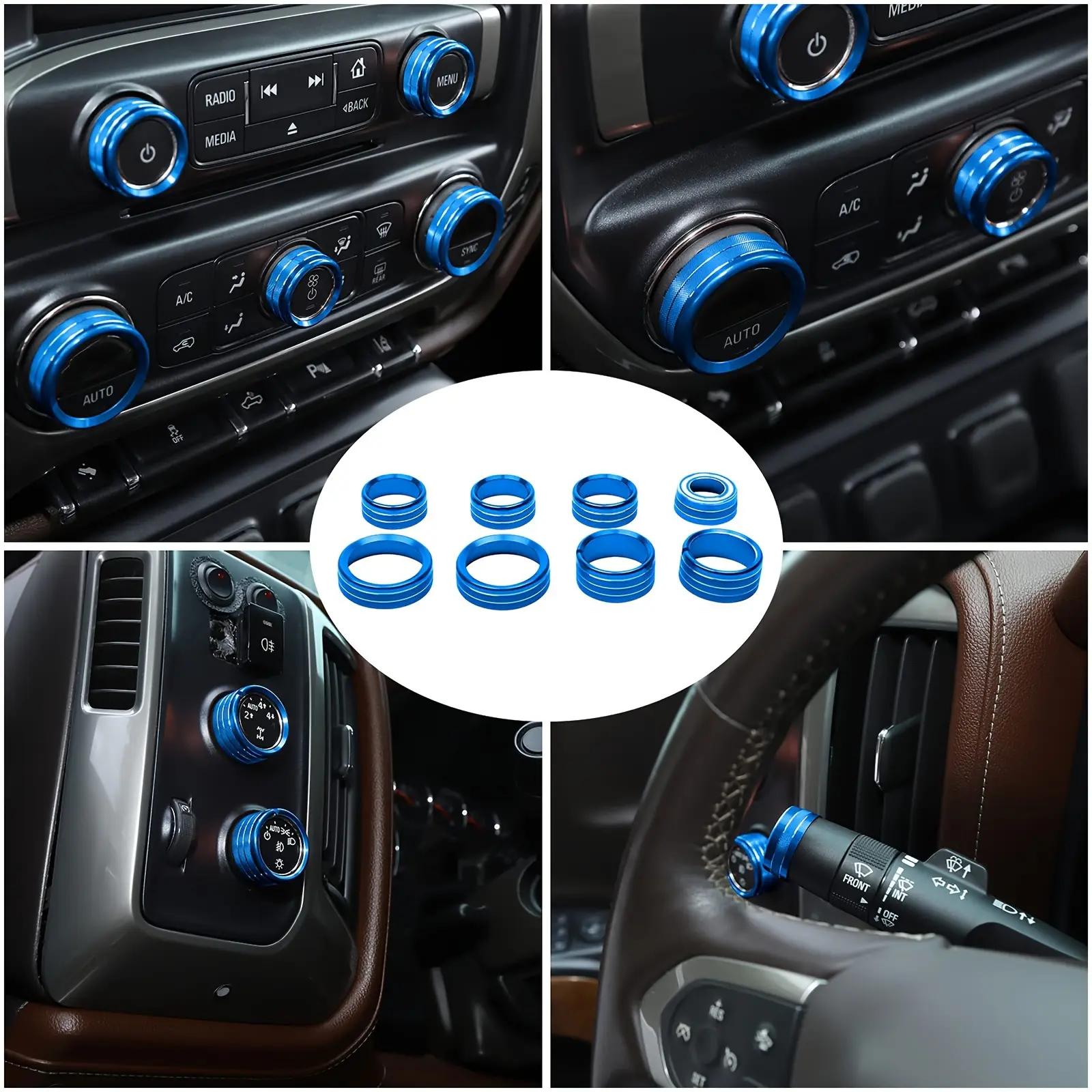 Aluminum Knob Covers, 8Pcs Console AC Control Button Ring Set - Vehicle Accessories for 2014-2018 Chevy Silverado 4WD, GMC Sierra, Chevy Truck Accessory, GMC Interior Trim