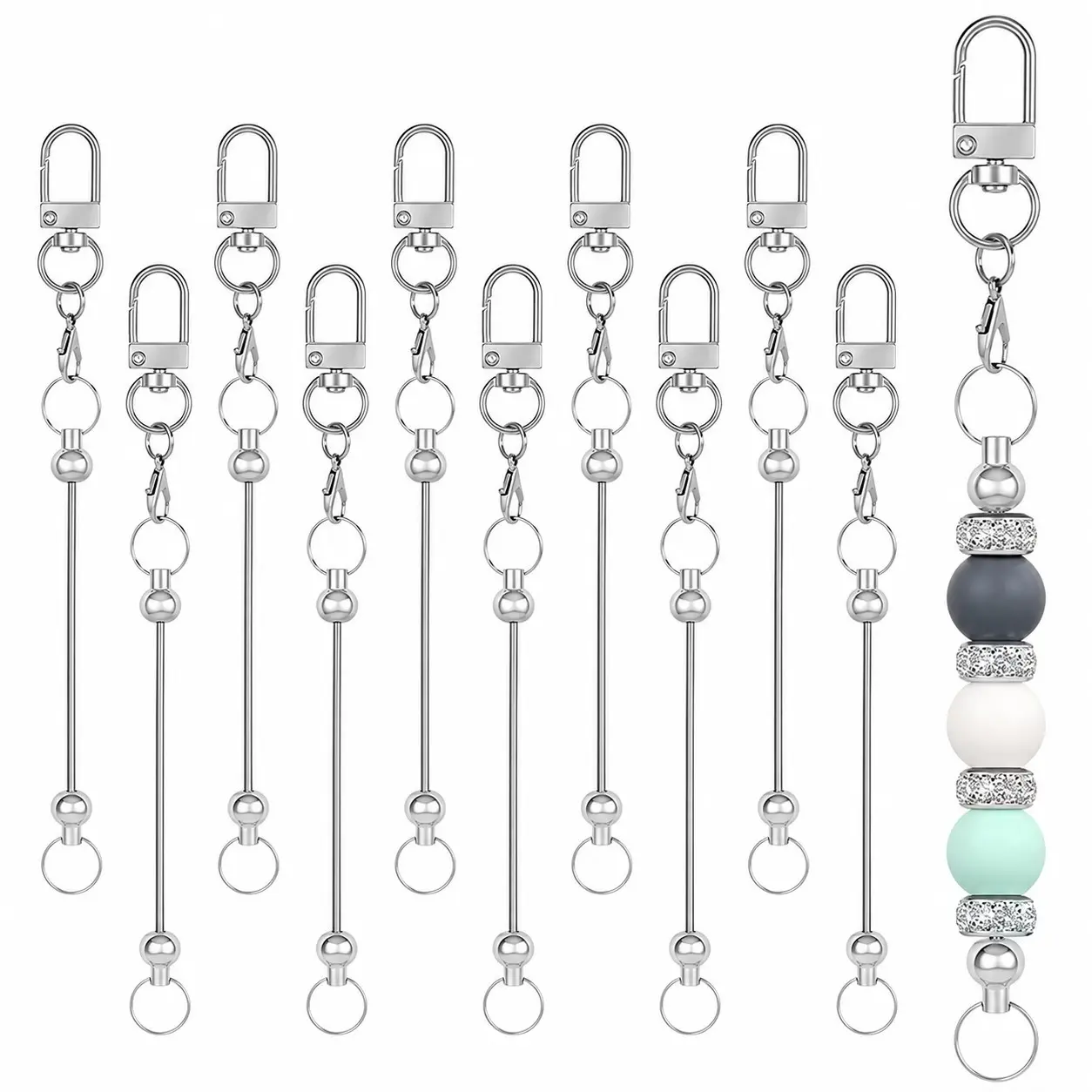 10pcs Silver Color Beadable Keychain Rods with Swivel Clasps, Long Keychain Blanks for DIY Beading Crafts, Keychain Making and Diy Keychains