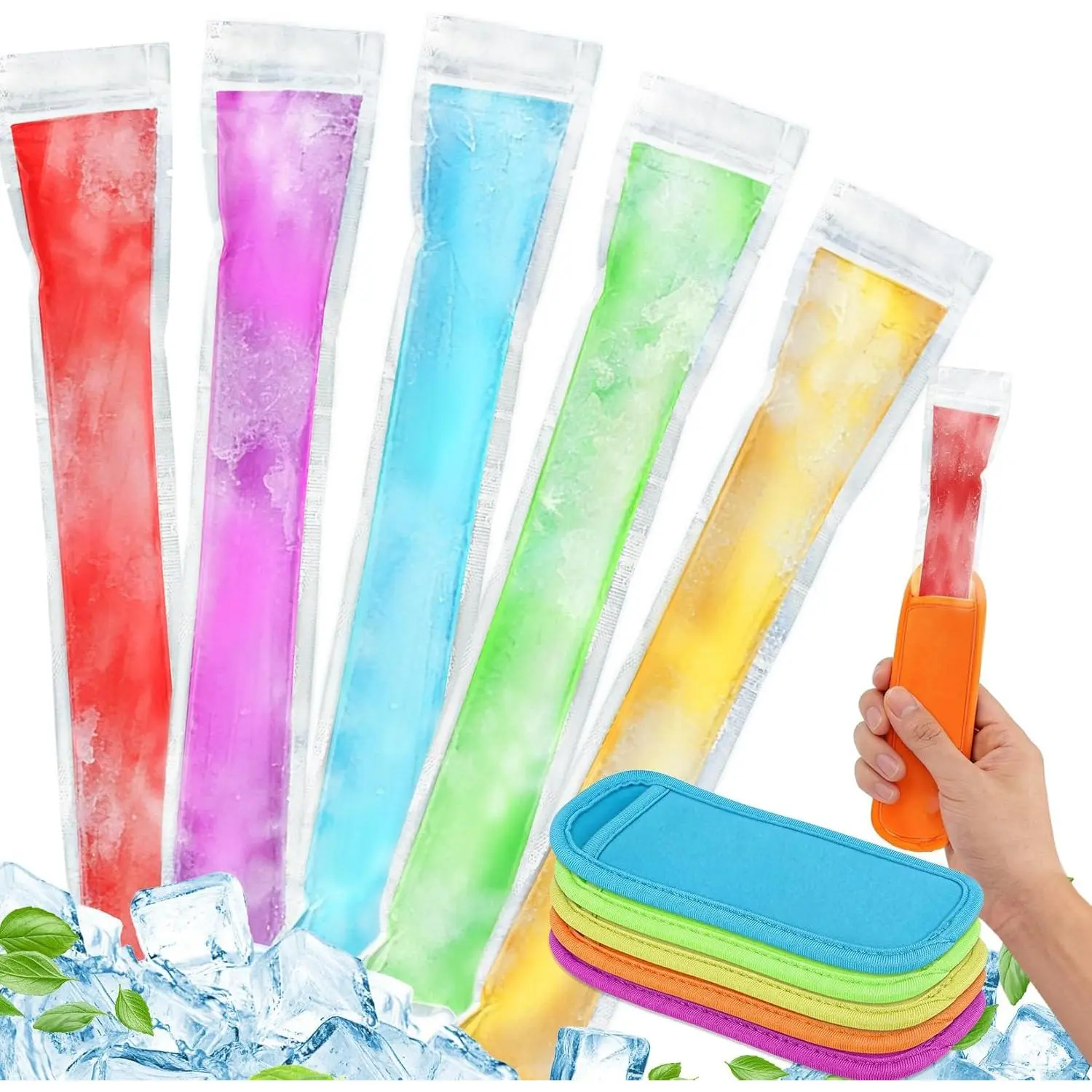 [Summer Essentials]105 Pcs Ice Popsicle Mold Bags – RAINFLOW 100 Disposable Popsicle Bags 5 Reusable Ice Pop Sleeves Sealable Freezer Pop Bags for Homemade Popsicles Tubes, Yogurt,DIY Snack, Juice, Summer Partygift