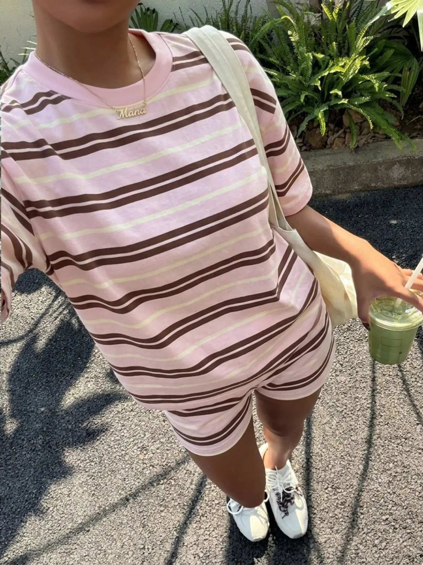 Women Pink Brown Striped Two Piece Loungewear Set, Fashion Clothing Set, Crew Neck Oversized Short Sleeve Tee & Elastic Waist Same Print Casual Shorts, Soft Knit Co-Ord Outfit For Summer Daily Ladies Wear Clothes