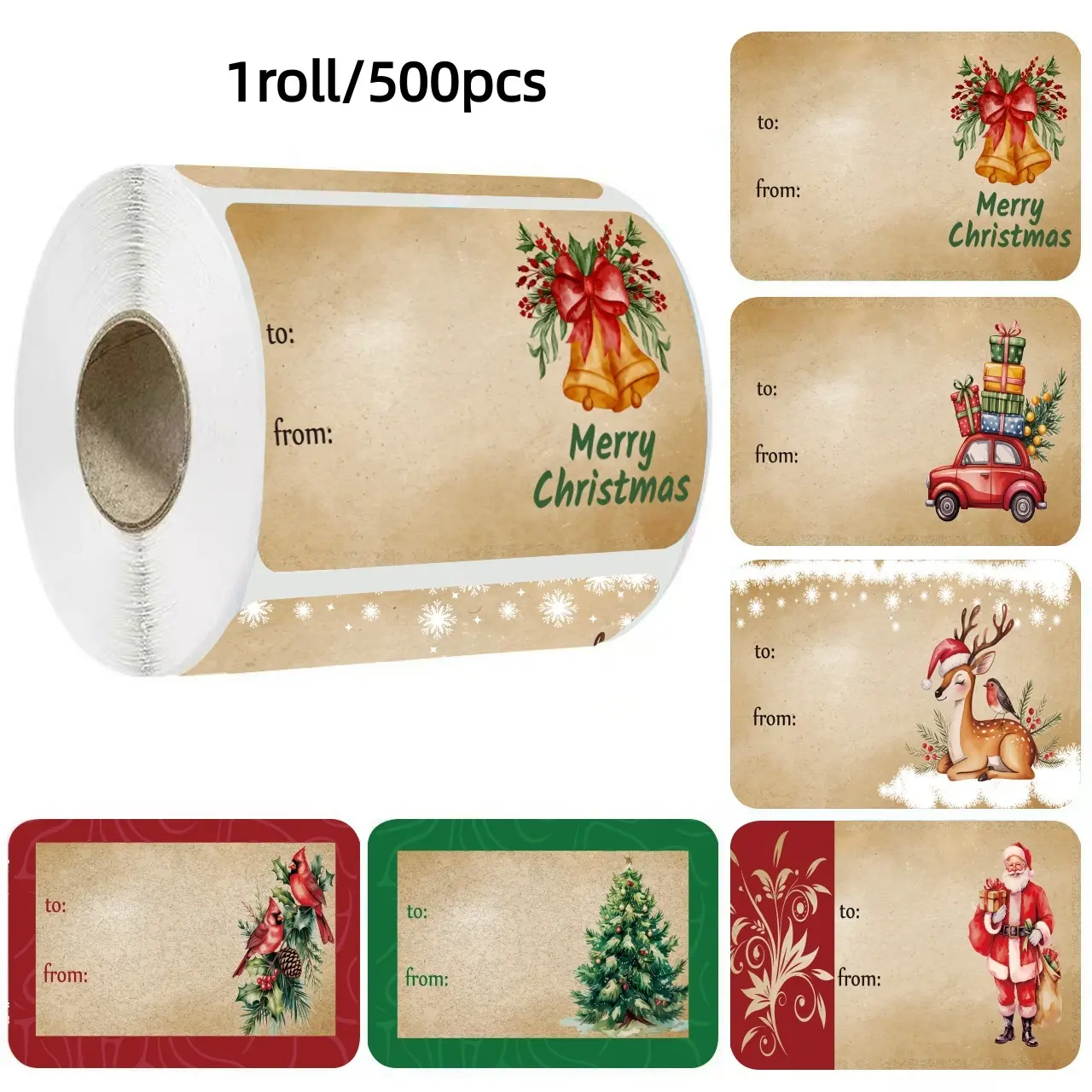 1 Roll/500 Sheets Retro Christmas Gift Stickers, Paper Bag Stickers, Seal Stickers, Name Stickers, Holiday Decorations, Christmas Roll Stickers