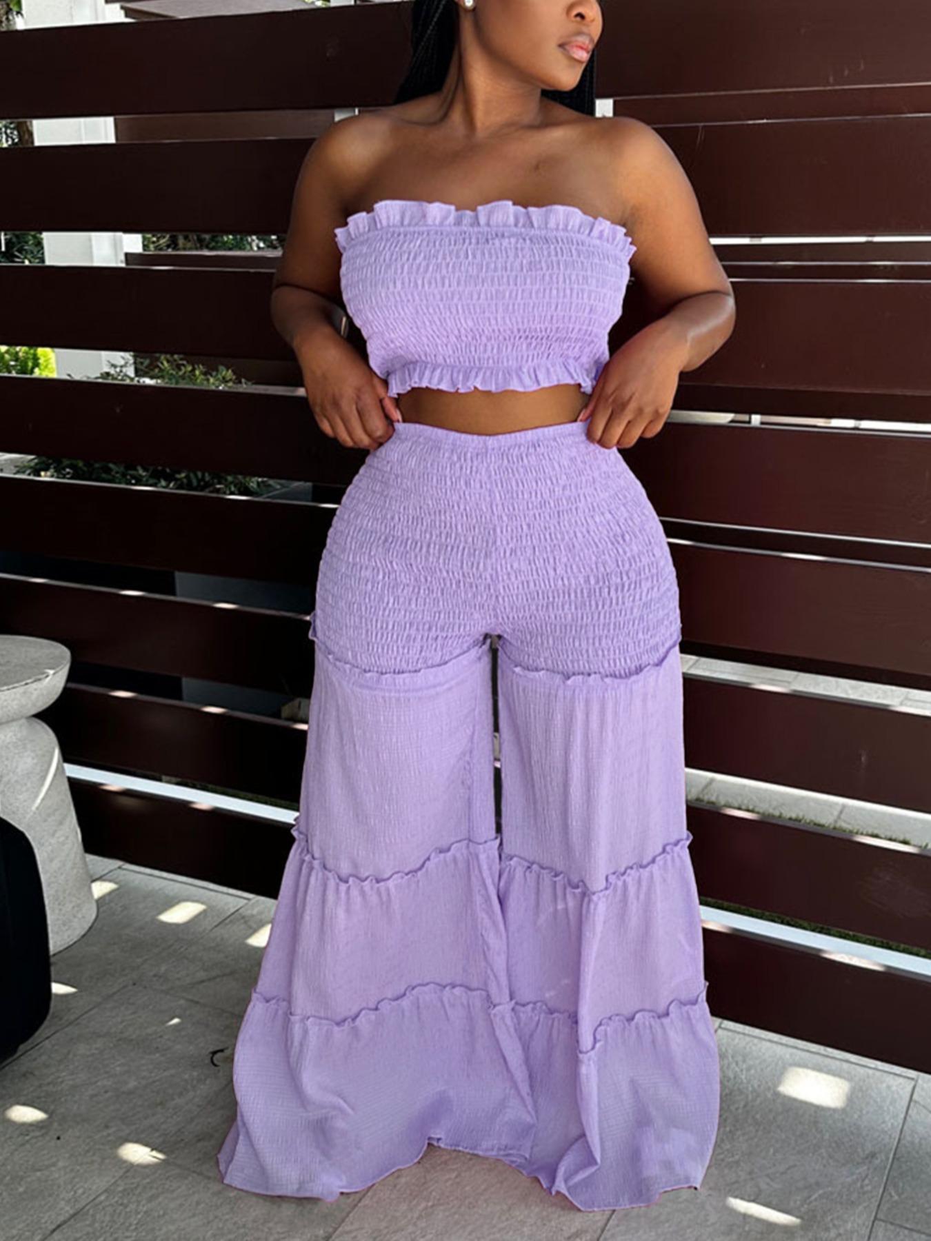 Women's Frill Trim Shirred Flare Leg Pants Set, Boho Casual Crop Tube Top & High Waist Trousers for Beach Holiday Vacation, Ladies Summer Clothes