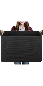 95L Extra Large Blanket Basket, 24" x 16.9" x 14.2" Woven Storage Basket for Living Room, Rectangle Nursery Blanket Storage for Toys, Towels, Dirty Clothes (Black)