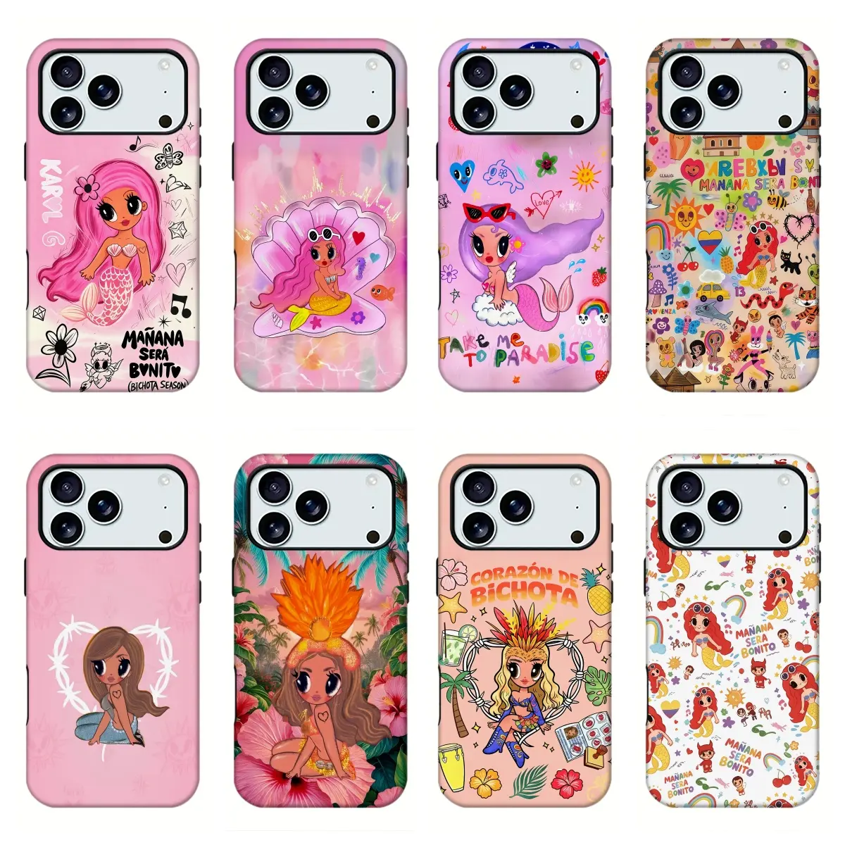 K G manana sera bonito cover,bichota season mermaid shell,latin pop reggaeton cute character graphic print case,tropical colorful floral artwork shell,youth latin music fan back cover,reggaeton fan gift shell,vibrant cartoon collectible shell