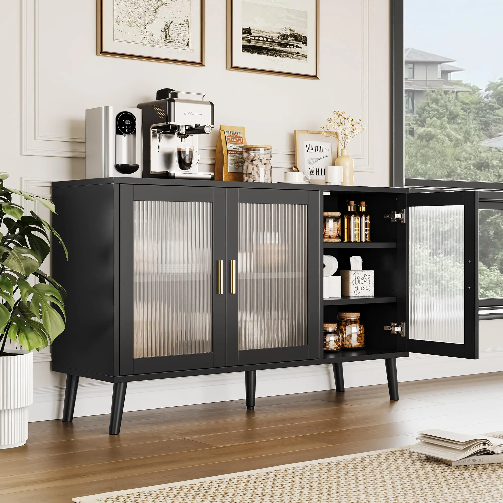 Sideboard Buffet Cabinet with Storage, Buffet Cabinet with Fluted Glass Door and Drawers, Sideboard for Kitchen, Dining Room, Black