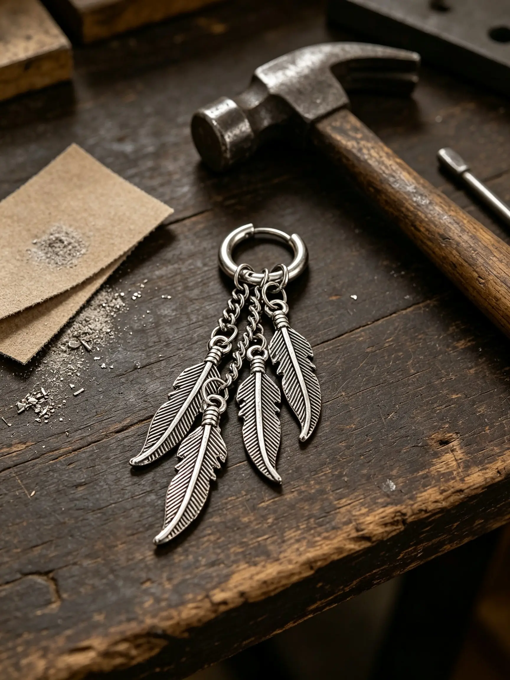 Trendy Men Round Feather Huggie Earrings, Stainless Steel Tassel Chain Design, Unique Fashion Piercing, Daily Street Party Gift for Him