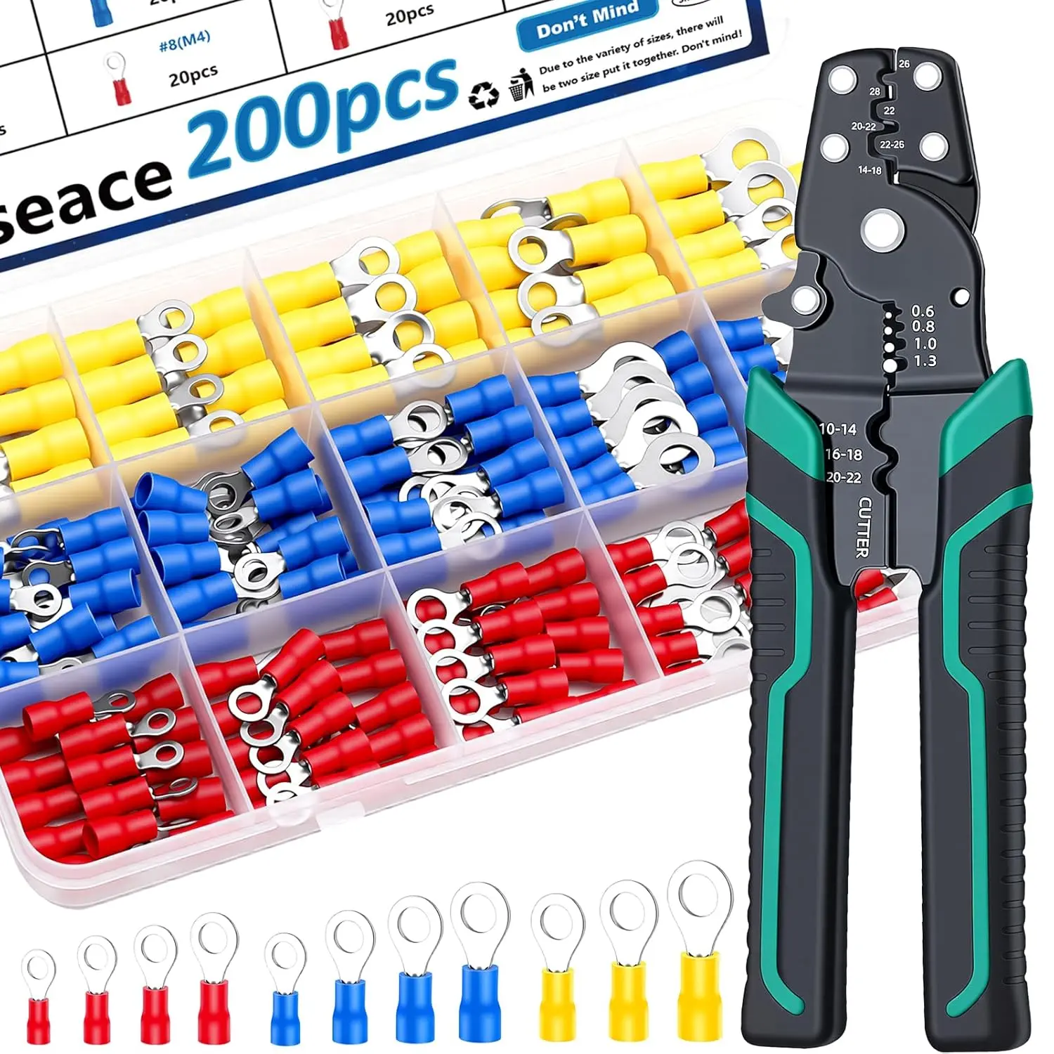 201pcs Ring Terminals with Crimping Tool 12-Sizes(M3/M4/M5/M6) Ring connectors 22-16/16-14/12-10AWG Crimp Connector Assortment Kit