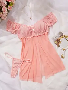 Women's Solid Color Mesh Cami Nightdress & Thong Sexy Lingerie Two-piece Set, Soft Comfortable Breathable Nightgown & Panty Set, Women's Sleepwear for All Seasons sexy dormir elegante cool girl outfits