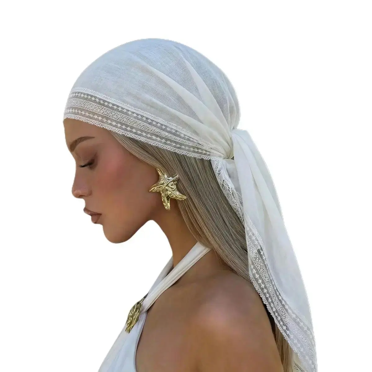 Elegant White Shawl Scarf for Women, Solid Square Headscarf with Contrast Lace Trim, Multifunctional Hair Accessory for Summer Travel & Vacation, Fashion, Female