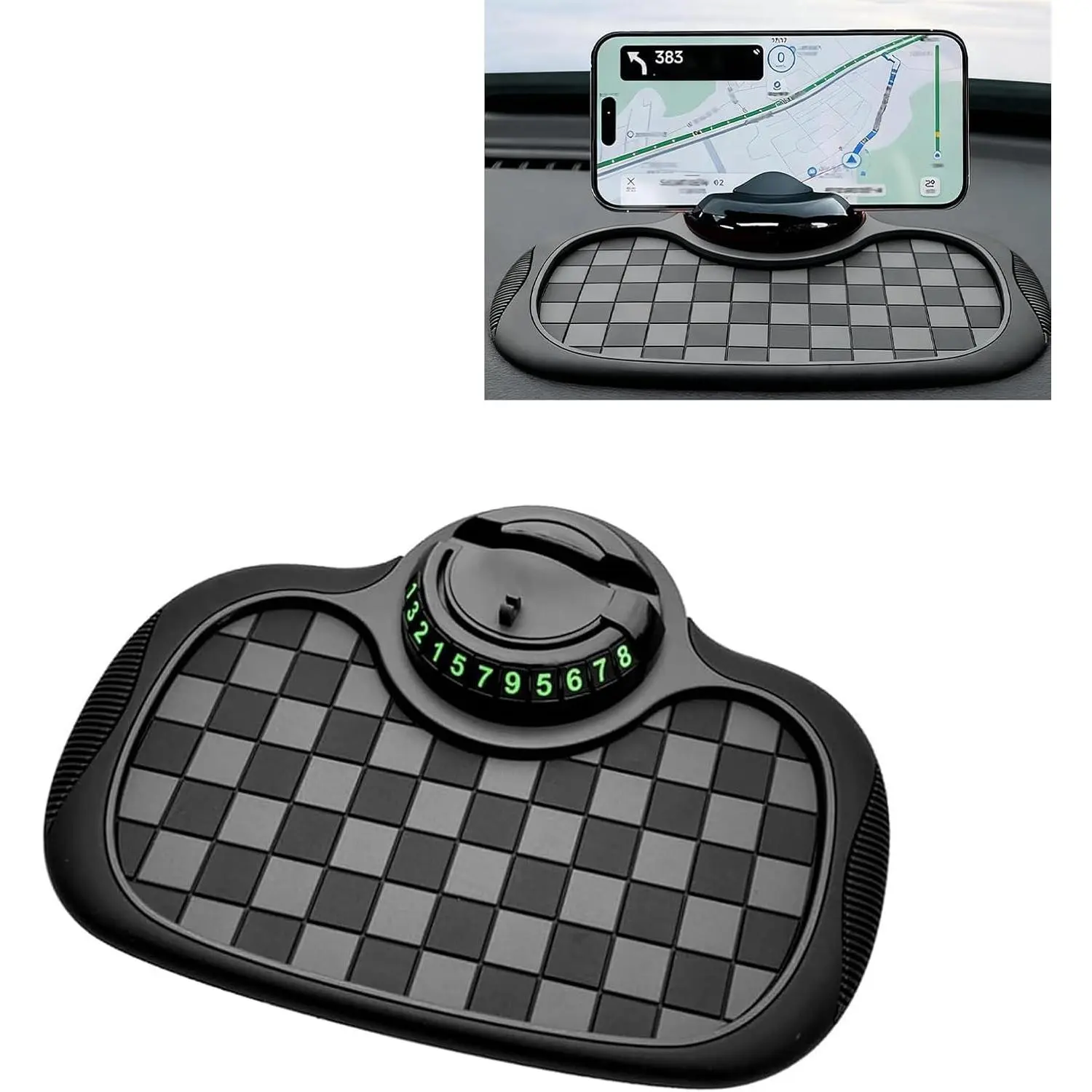 Anti-slip Mat, 3-in-1 Multi-functional  Dashboard with Temporary  Plate&360 Degrees Rotating Phone Holder Number Plate, for Phones, Sunglasses, Daily Essentials (Black #C)