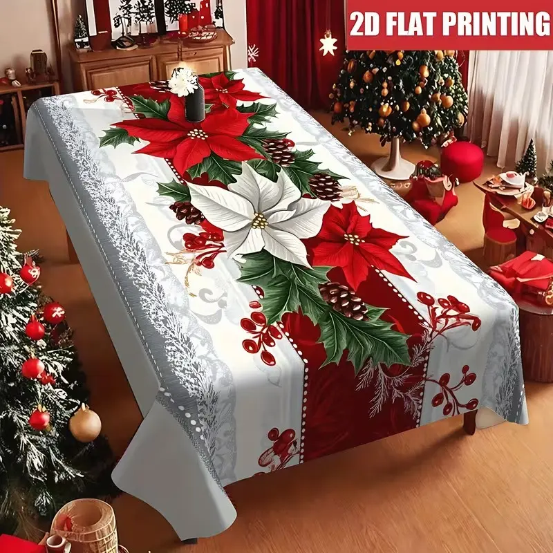 Vintage Christmas Tablecloth, Potted Flowers, Holly Berries, Elegant Background, Indoor Outdoor Holiday Decor, Stain-Resistant, Woven Quality