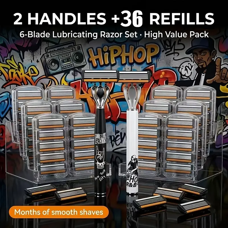 Hip-Hop Rock 6-Layer Manual Smooth Shaving Kit, Men's Safe Razor Set with Handle, Reusable Stainless Steel Blades, Travel Essential, Gift Idea