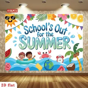 2D Flat This Is a Banner Featuring The Phrase'School'S Out for The Summer'In Blue Text, Adorned with Kids, Crabs, And Beach Elements. It'S Made of Watercolor - Style Polyester And Is Perfect for Decorating Parties in Farms