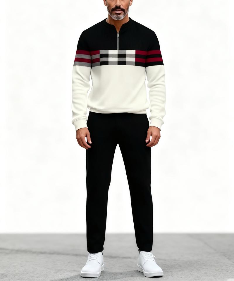 "New European and American men's sportswear set, featuring a half-zipper top paired with matching pants, and a trendy design with a sleeve patch featuring the number 5. The fabric is comfortable, suitable for daily street wear, casual commuting, and effor