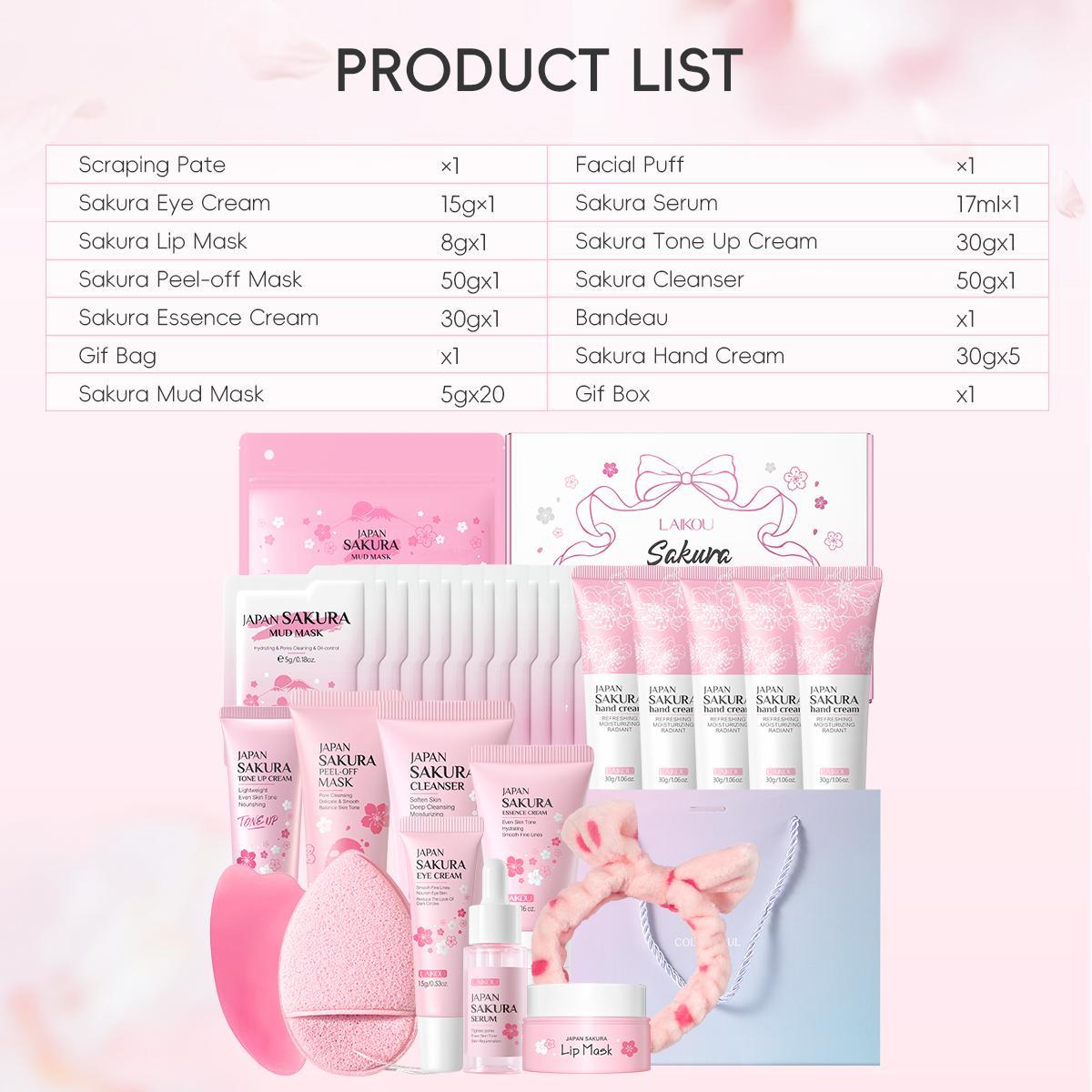 Sakura Skincare Set, Glow Kit, 36pcs/set Face Cleanser & Face Cream & Eye Cream & Serum & Lip Mask & Mud Mask & Peel Off Mask & Hand Cream & Face Scraper & Cleansing Puff Skin Care Kit