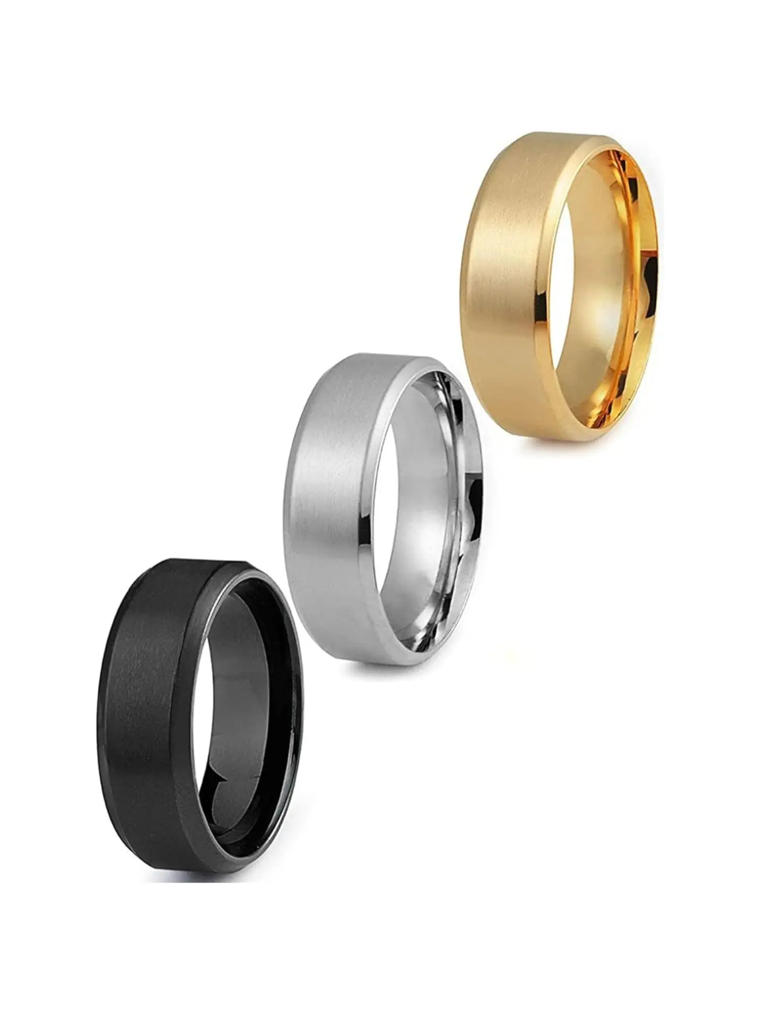 Matte 3 Pcs Colorful Classic Brushed Band Rings, Metal Rings, Hypoallergenic Stainless Steel Unisex Jewelry Smooth Beveled Edges Simple Refined Design Casual Formal Styles Versatile for Everyday Wear Work Special Occasions Wedding Bands