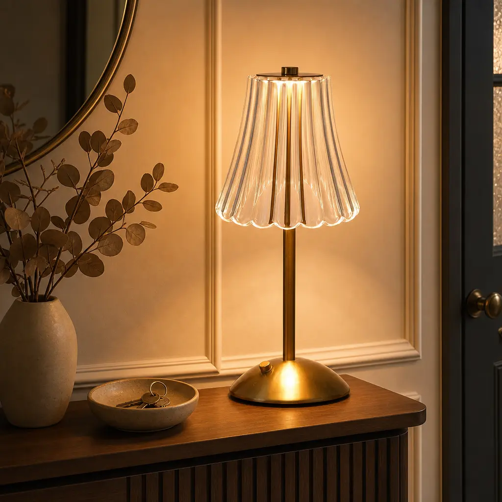 Cordless Gold Petal Shade LED Table Lamp - 3500mAh Rechargeable, 3 Temp Modes, Stepless Dimming, USB-C Touch Control, USB Port, Water Resistant, Elegant Modern Bedroom Decor, Vanity Setup Mood Lighting, Decorative Indoor Accent Book Light