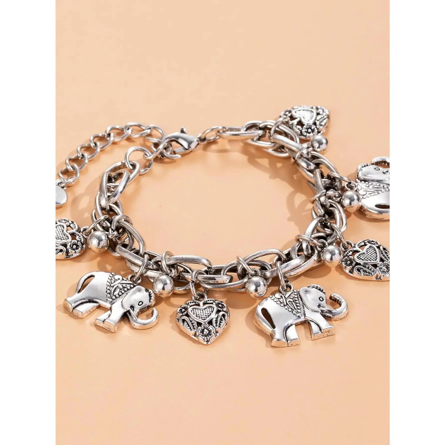 LovedenWomen's Elephants & Hearts Design Charm Anklet As Perfect Valentine's Day Love Gift for Girlfriend, Fashionable Boho Chic Style Animal Charm Decor Anklet, Casual Adjustable Durable Alloy Ankle Jewelry, Trendy Jewelry for Beach Party
