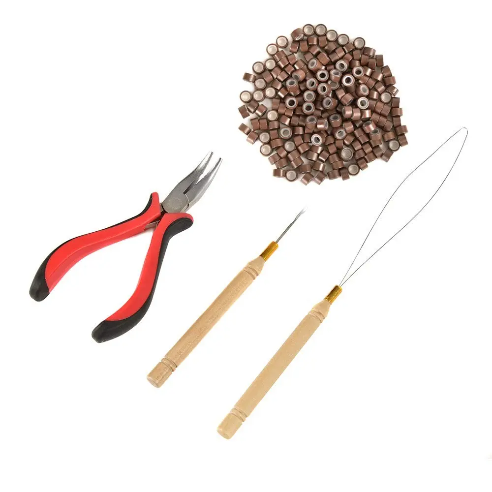 Hair Extension Tools Kit – Pliers - Pulling Hook - Bead Device Tools Kit with 200 Pieces 5mm Silicone Lined Micro Rings (200Pcs, Brown Beads)