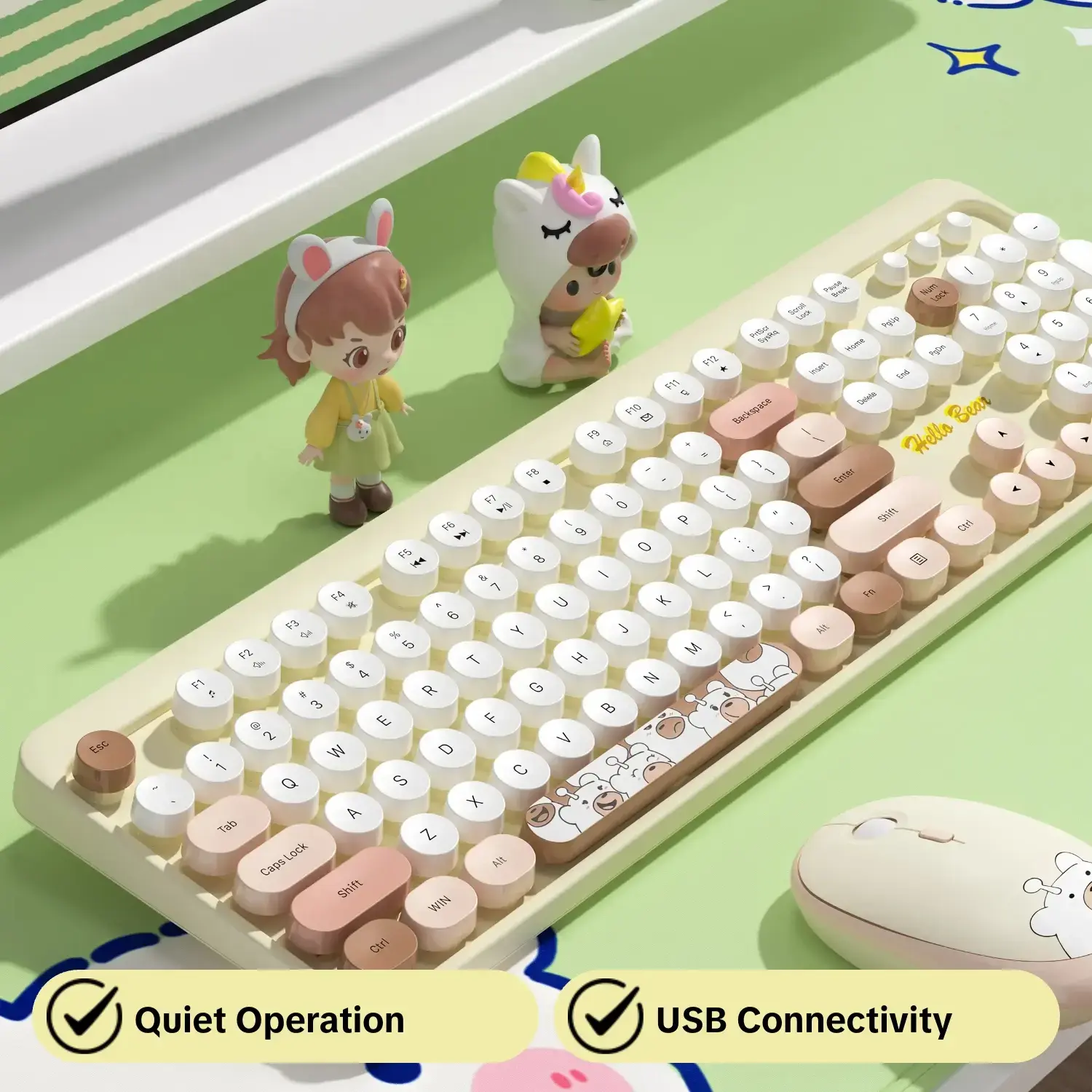 Mofii Milk Tea Full-Size Keyboard & Mouse Combo Set with Keyboard - Keyboard and Mouse Wireless, Wireless 2.4G Connection, Cute Bear Pattern, Silent for Office Use, US QWERTY Layout (Battery Not Included) Silent Keycap Keyboard