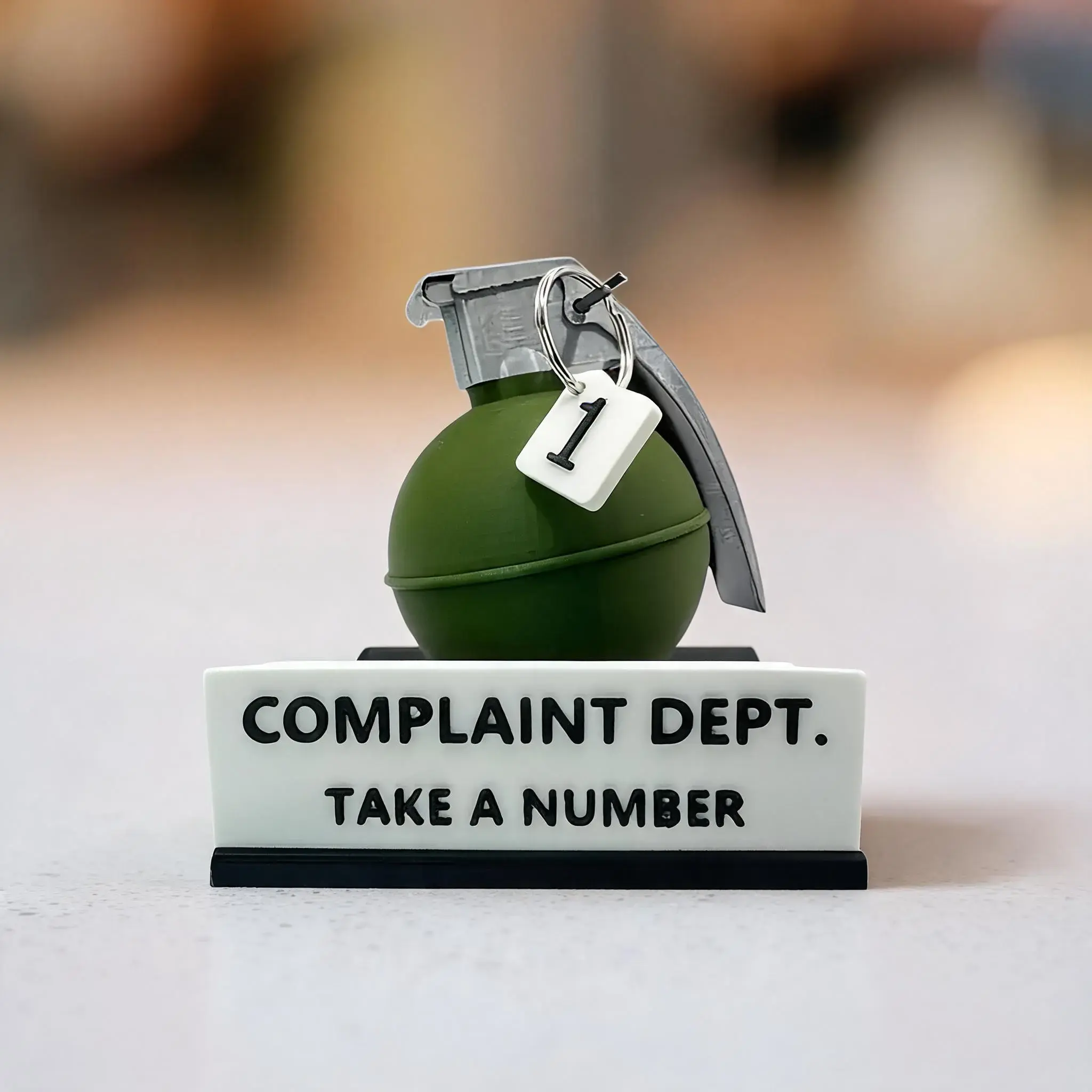 Grenade "Complaints Department" Desk Sign - 3D Printed Office Humor Decor with "Take a Number", Funny Office Decor, Perfect Prank Gift for Colleagues, Bosses & Holidays, Novelty Desk Decor, Desk Signage Decoration