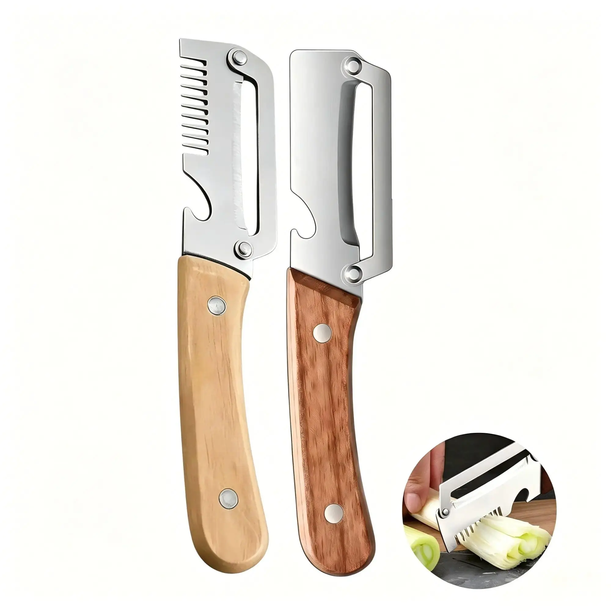 2PC, Kitchenware, Multi-Functional Kitchen Peeler Utensils, Peel and Slice Dual Use Cutting, Vegetable Cutter, Stainless Steel Blade with Wooden Handle, 2-Piece Set, Versatile Kitchen Tool