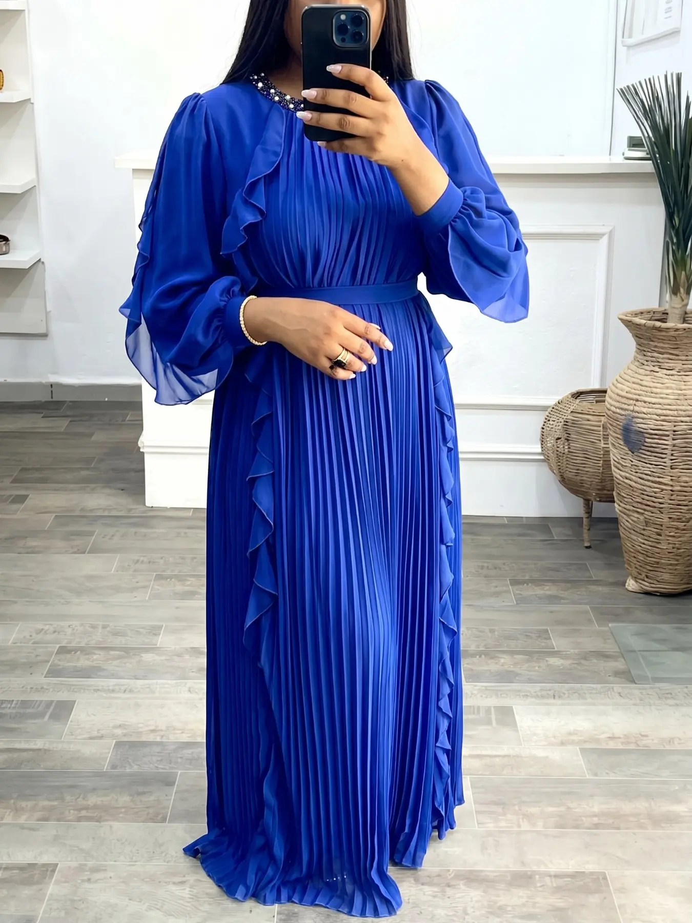 Plus Size Elegant Ruffled Chiffon Long Dress, Beaded Round Neck, Ruffle Bubble Sleeves, Pleated High Waist A-Line, Party Church Formal Evening Gown