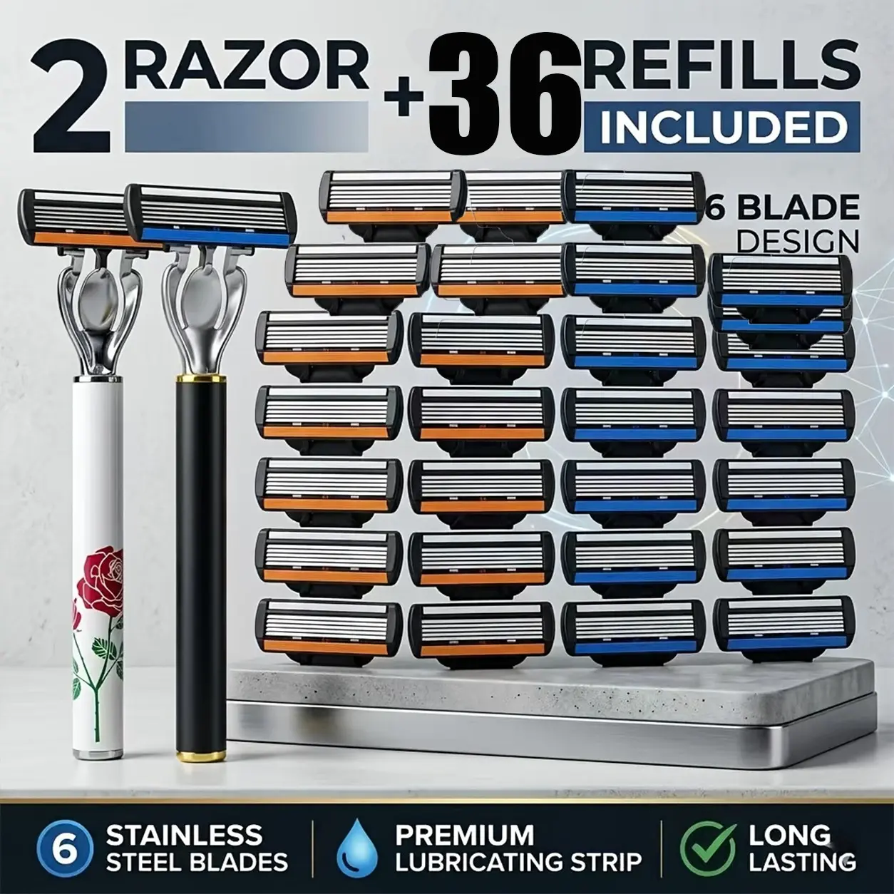 Men's Manual Razor Set with 6-Layer Stainless Steel Blades, Handle, Reusable and Washable, Suitable for Face, Body, and Intimate Areas, Perfect Gift