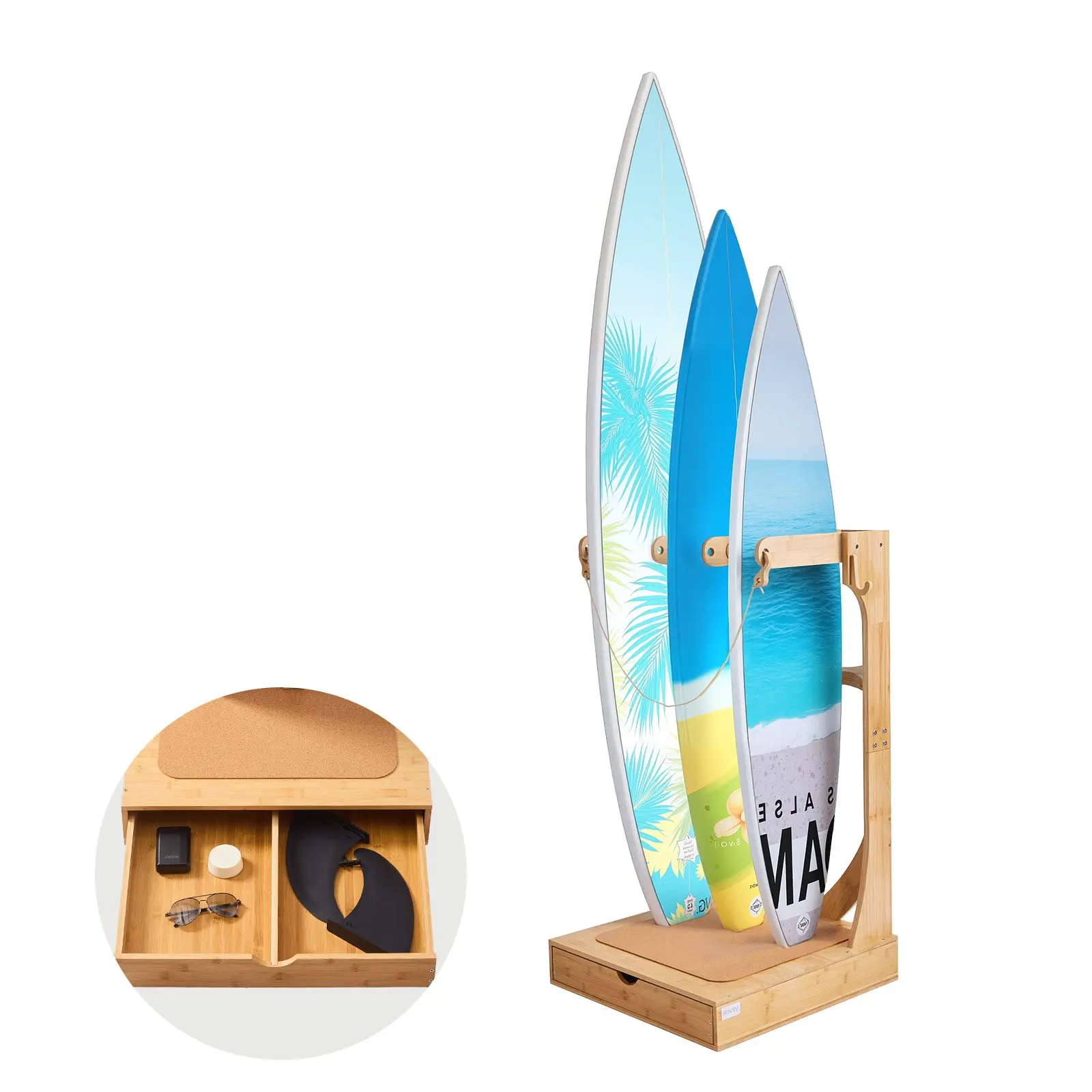 【toolupgrade】Vertical Surfboard Stand, 3 Tiers Wooden Surfboard Rack for Storage and Display, Freestanding Board Stand Organizer with Hanging Hooks Cork Padding, for Wakeboards, Snowboards, Kiteboards
