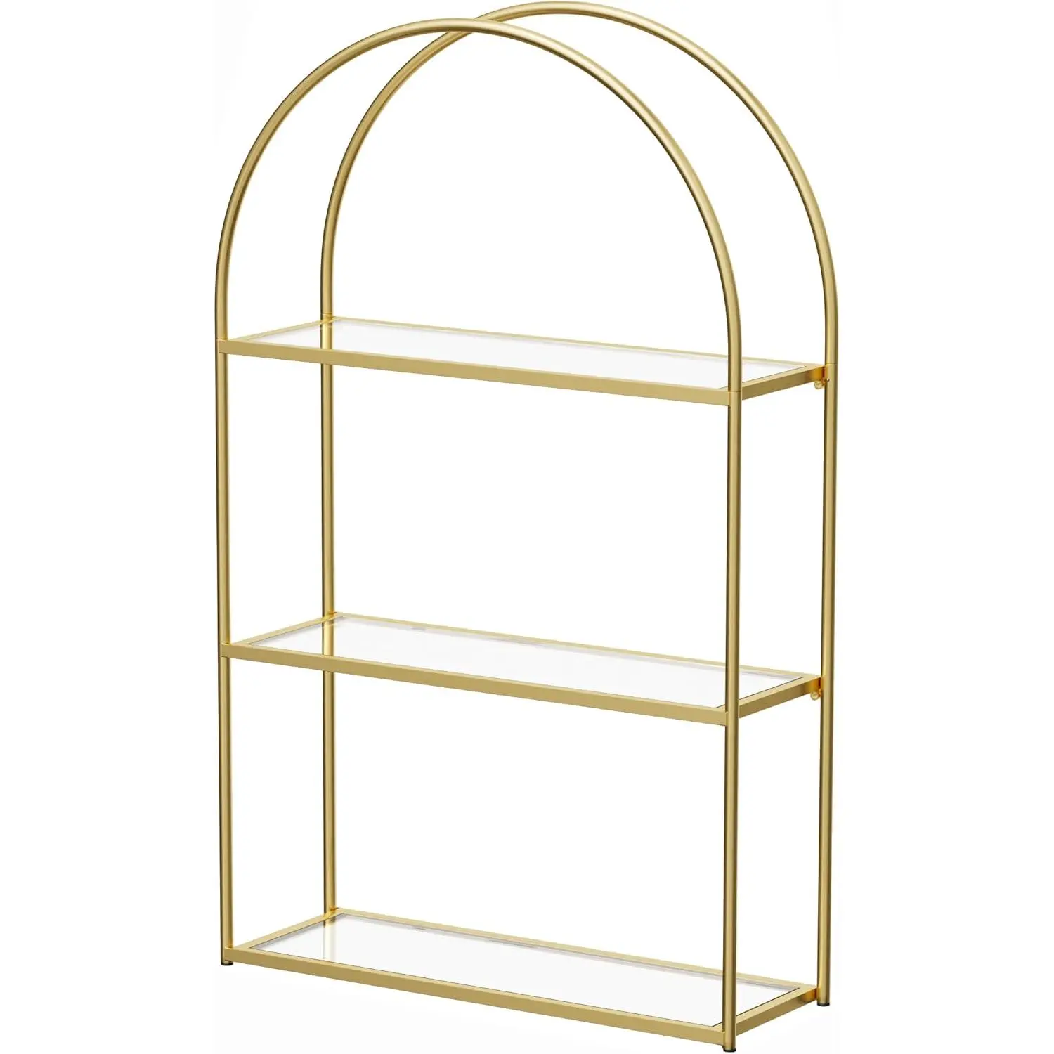Gold Arched Frame Wall Shelf, Decorative 3 Tier Bathroom Wall Shelf with Transparent Tempered Glass Shelves and Robust Storage Capacity, 5.1" D x 18.1" W x 28.9" H