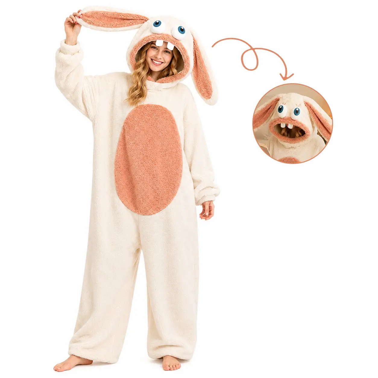 Adult Cute Bunny Plush Hooded Onesie Pajamas, Soft Fleece Jumpsuit, Halloween Christmas Party Costume, Comfortable Sleepwear
