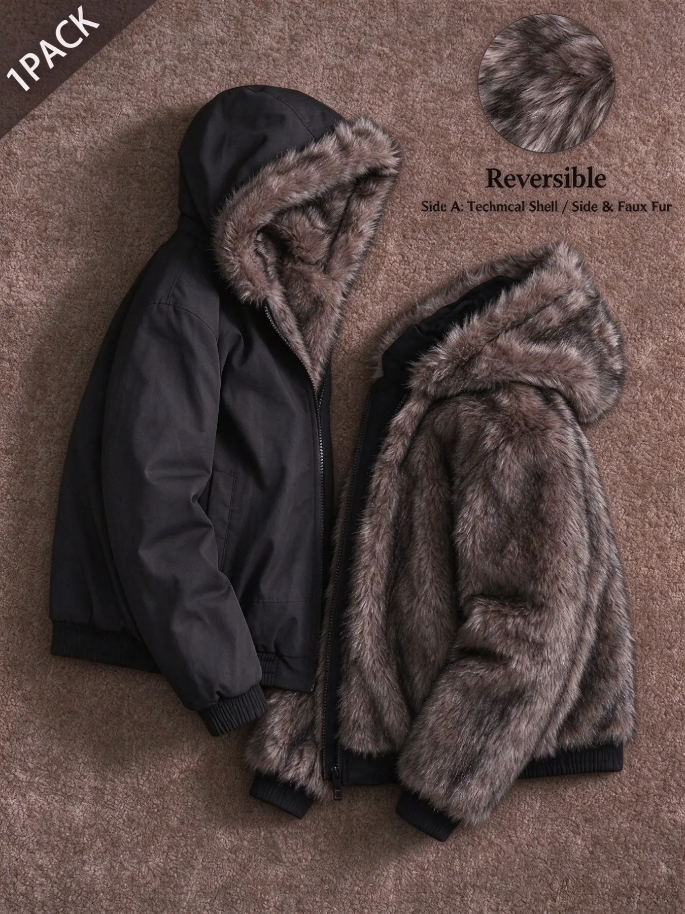 Men's Fashion Zipper Long Sleeve Faux Fur Jacket Coats, Reversible, Warm Outerwear for Fall Winter, Casual Daily Wear, Hooded Loose Fit
