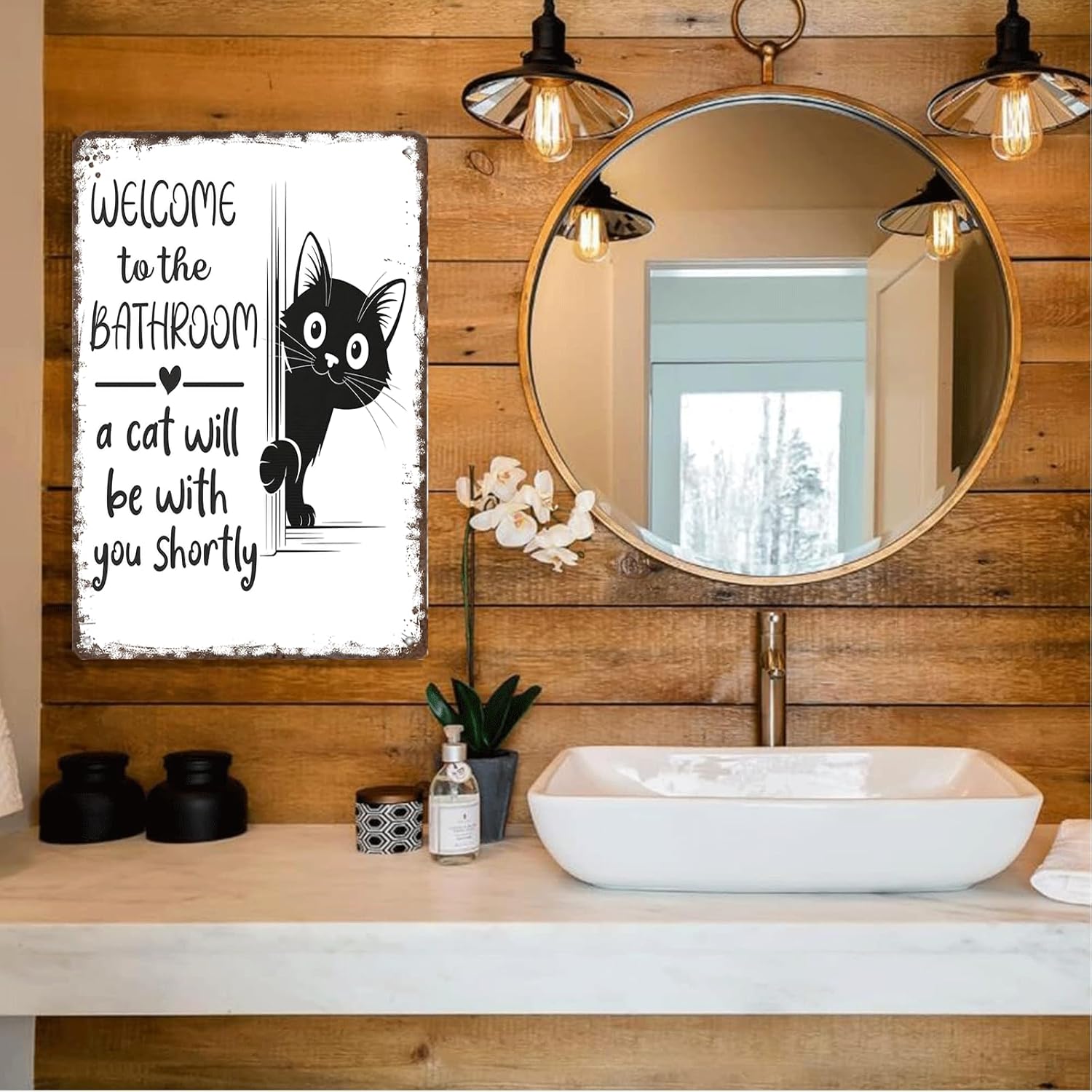 【20*30cm/8*12inch】Vintage Black & White Cat Wall Art - "Welcome To The Bathroom" Funny Metal Tin Sign - Retro Bathroom Decor With Cat Design - Aluminum Tin Sign For Restroom 8x12in