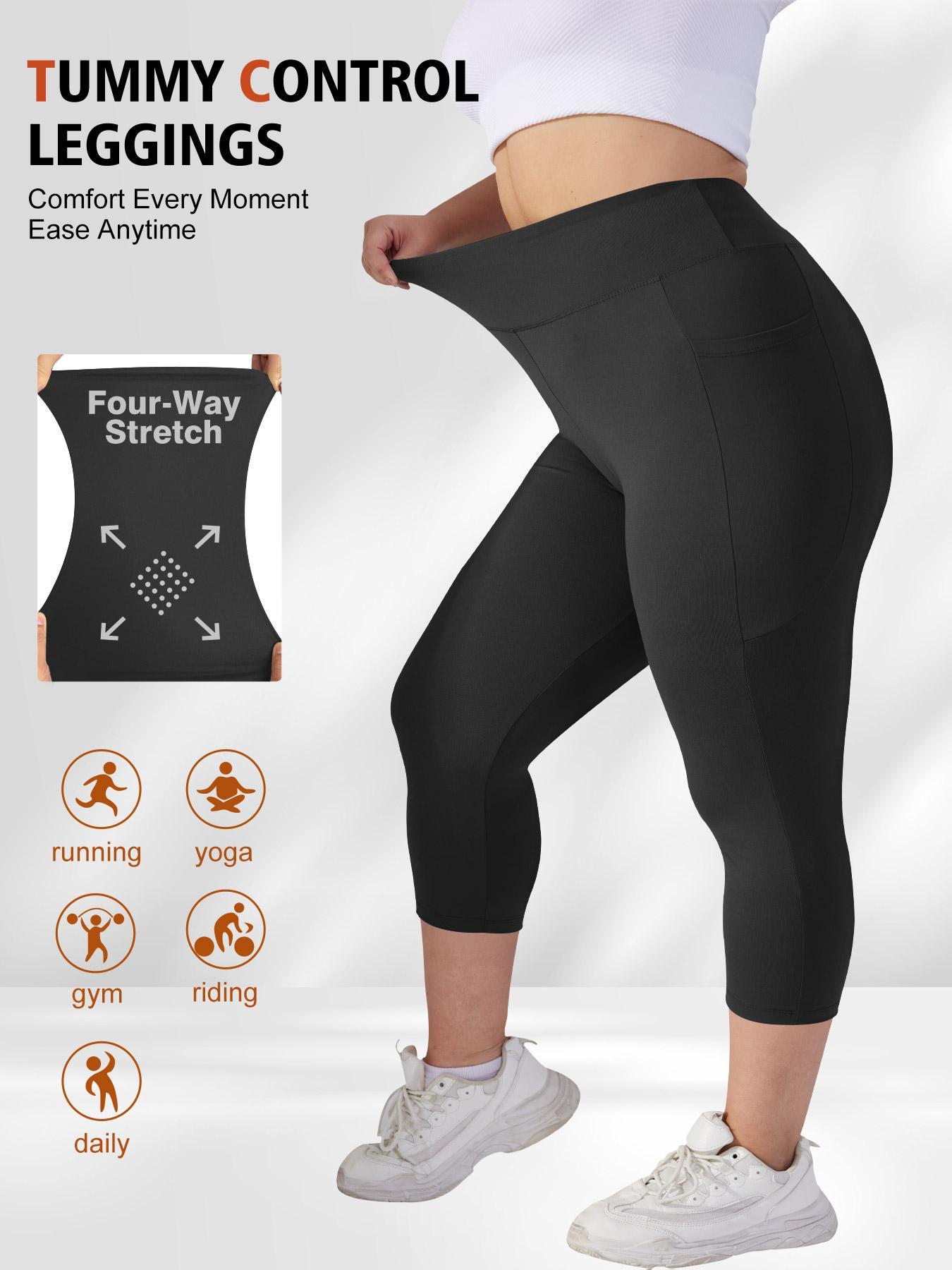 [Plus Size] Solid Color Pocket Skinny Capri Leggings, Casual Comfy Breathable High Waist Capri Leggings for Daily Wear, Women's Bottoms for Summer, Womenswear