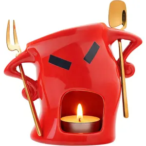 Mini Ceramic Fondue Set: Chocolate Fondue Melting Cup, Cheese Fondue Pot, Candy Mini Fondue Cups with 1 Fork & 1 Scoop - Food-Safe Gift for Parties, Gifts, Cozy Nights (Red)