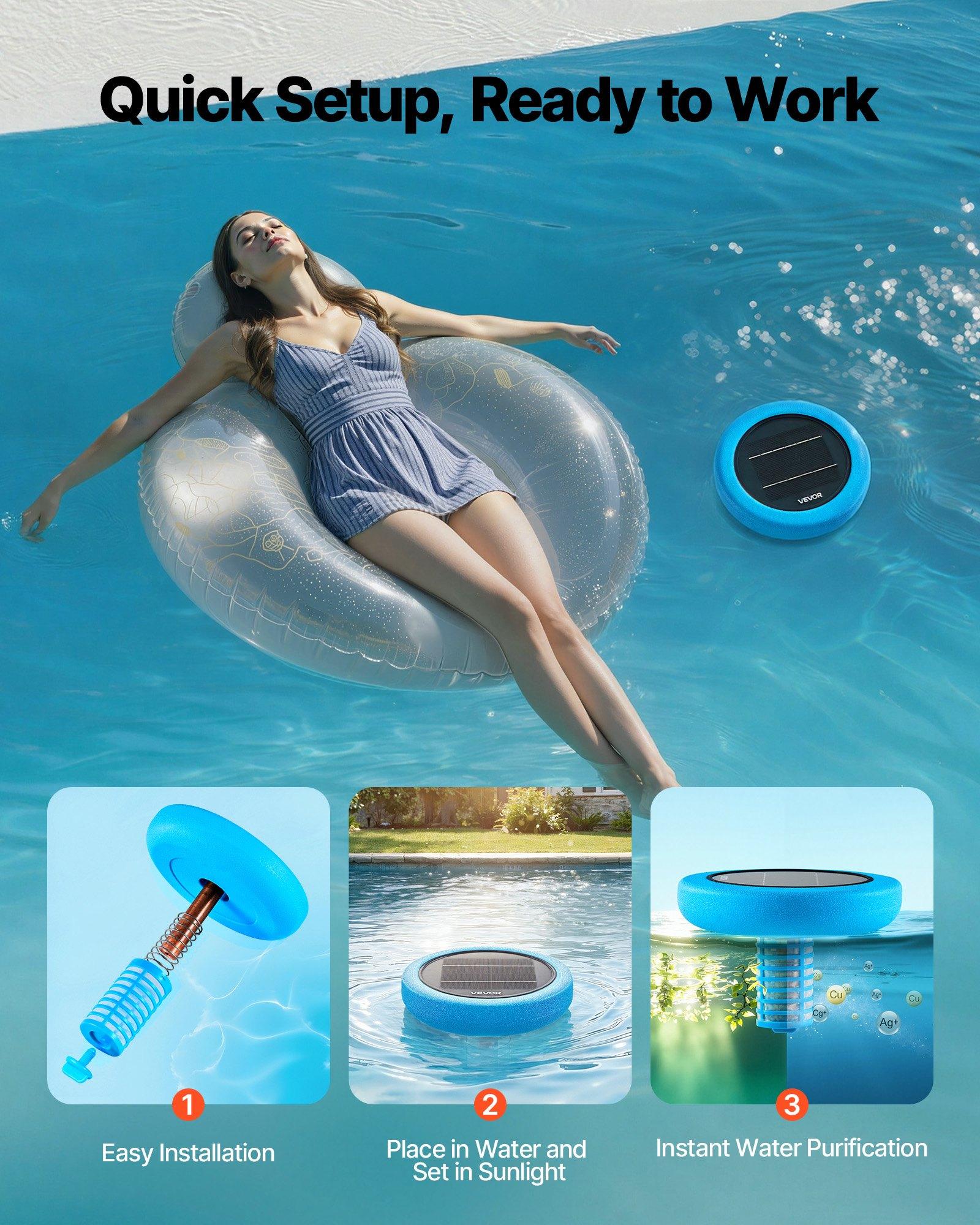 VEVOR Solar Pool Ionizer, Round Copper Pool Ionizer Up to 45000 Gal, Floating Automatic Water Cleaner and Purifier, Chlorine Free Water, with Copper Anode, Spring, Brush and Filter for Pools & Spas