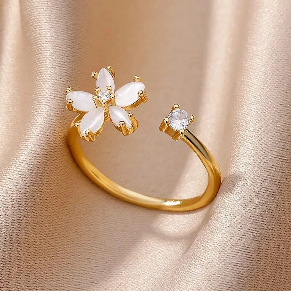Women's Hypoallergenic Gold-Tone Stainless Steel Spinner Ring - 1cm Wide, 360-Degree Rotatable 5-Petal Flower Cubic Zirconia Inlay, Adjustable Open Stress Relief Jewelry with Sparkling Look
