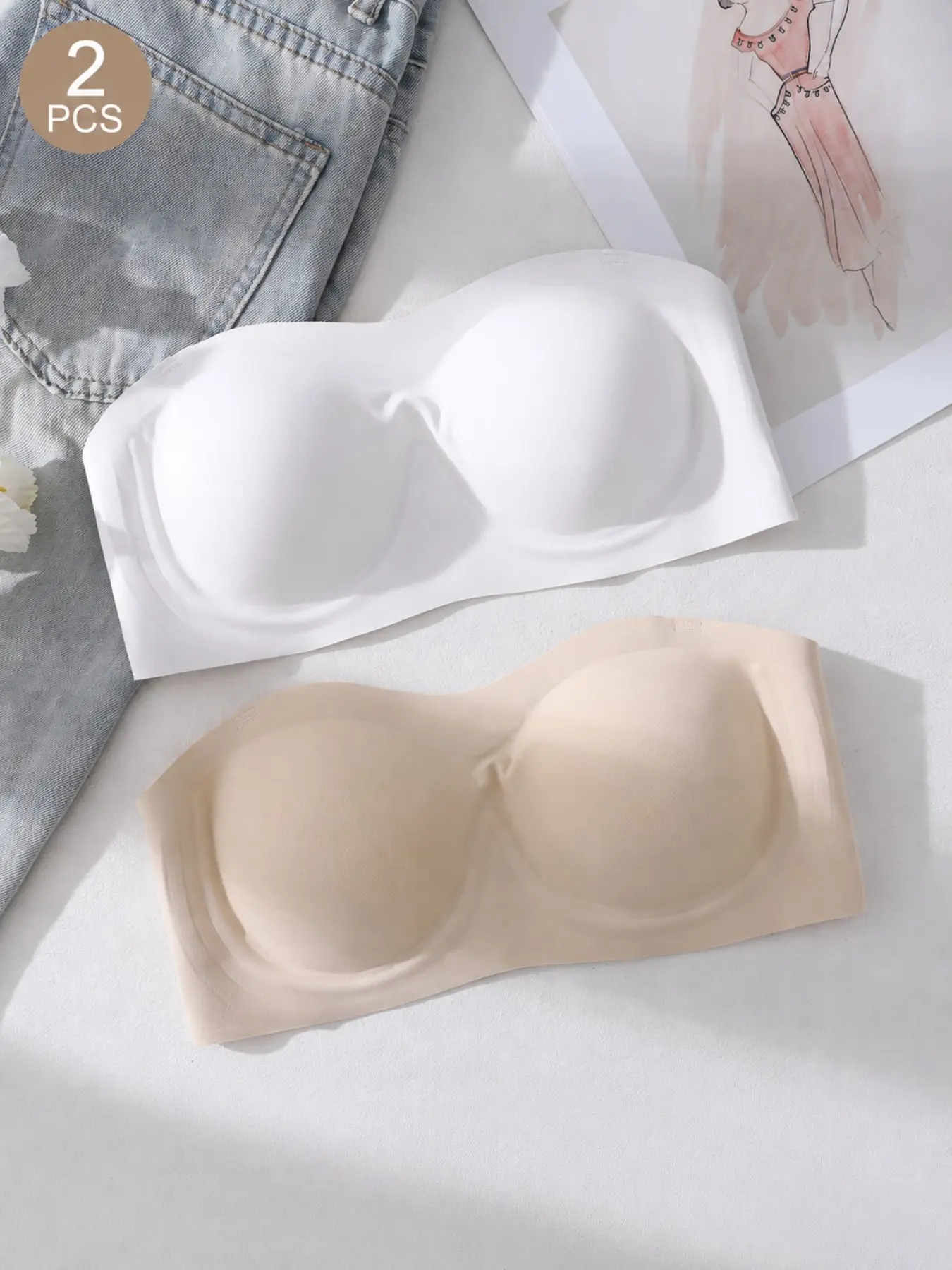 1/2 Pack Women’s Jelly Strapless Bandeau Bra, Non-Slip Silicone Grip Tube Top Bra, Padded Wireless Bra for Dresses, Tops and Everyday Wear