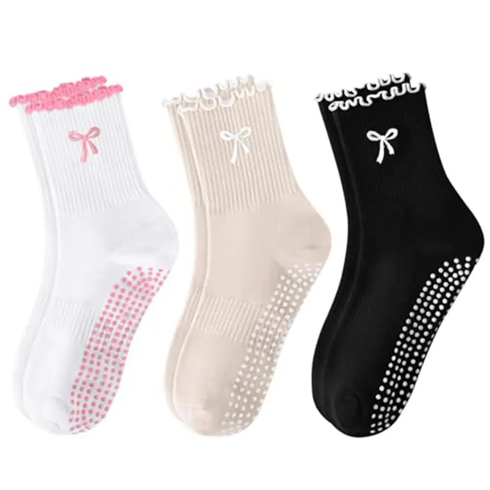 Female Pilates Socks with Embroidery, 3-Piece Solid Color Mid-Calf Non-Slip Set for Barre & Studio Workouts, Mid Calf Length, Set【3Pcs】, Ballet