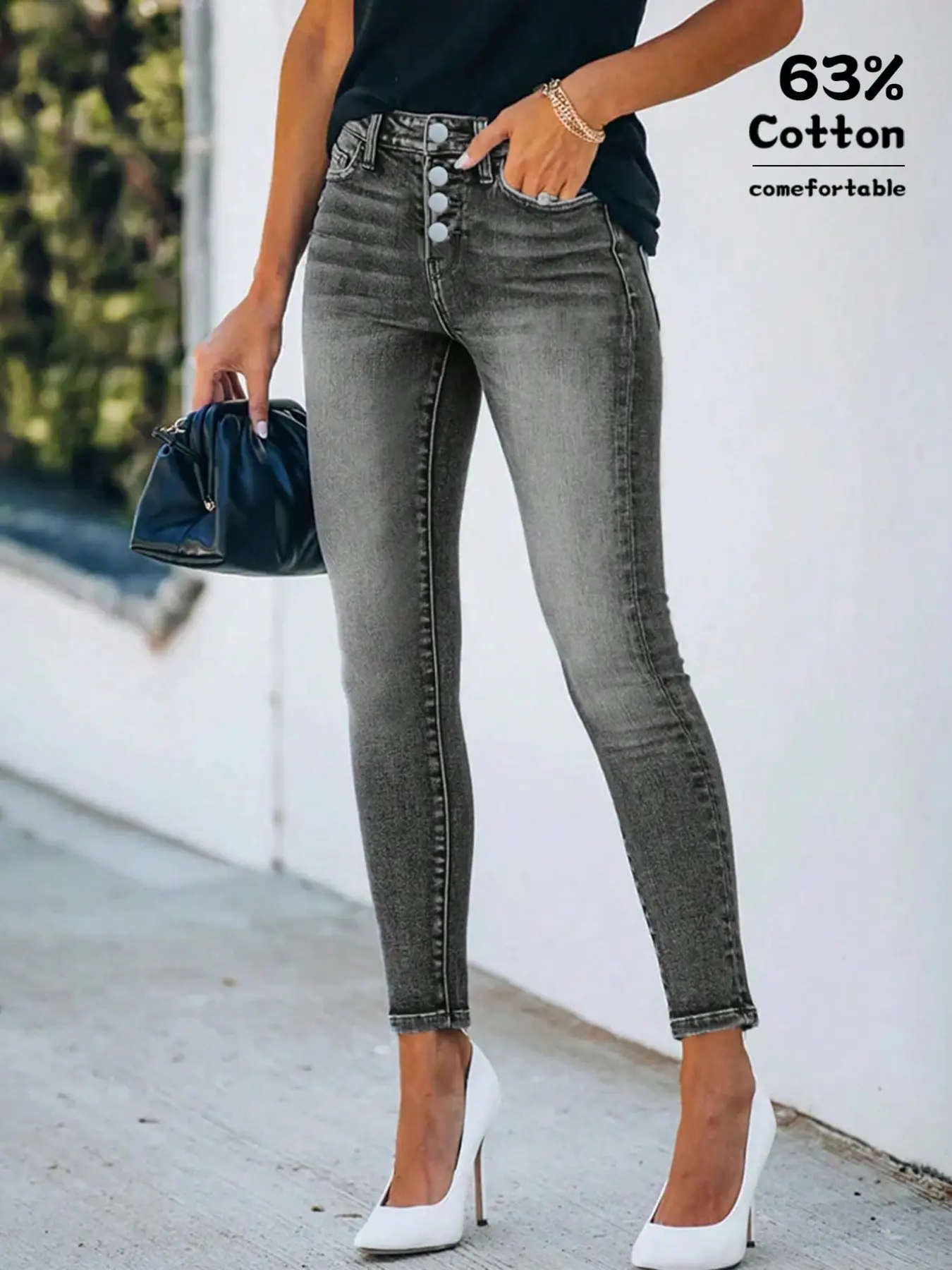 Women's High Waist Multi Button Fly Washed Slim Skinny Denim Jeans, Casual Streetwear, All Season, 1 Pair