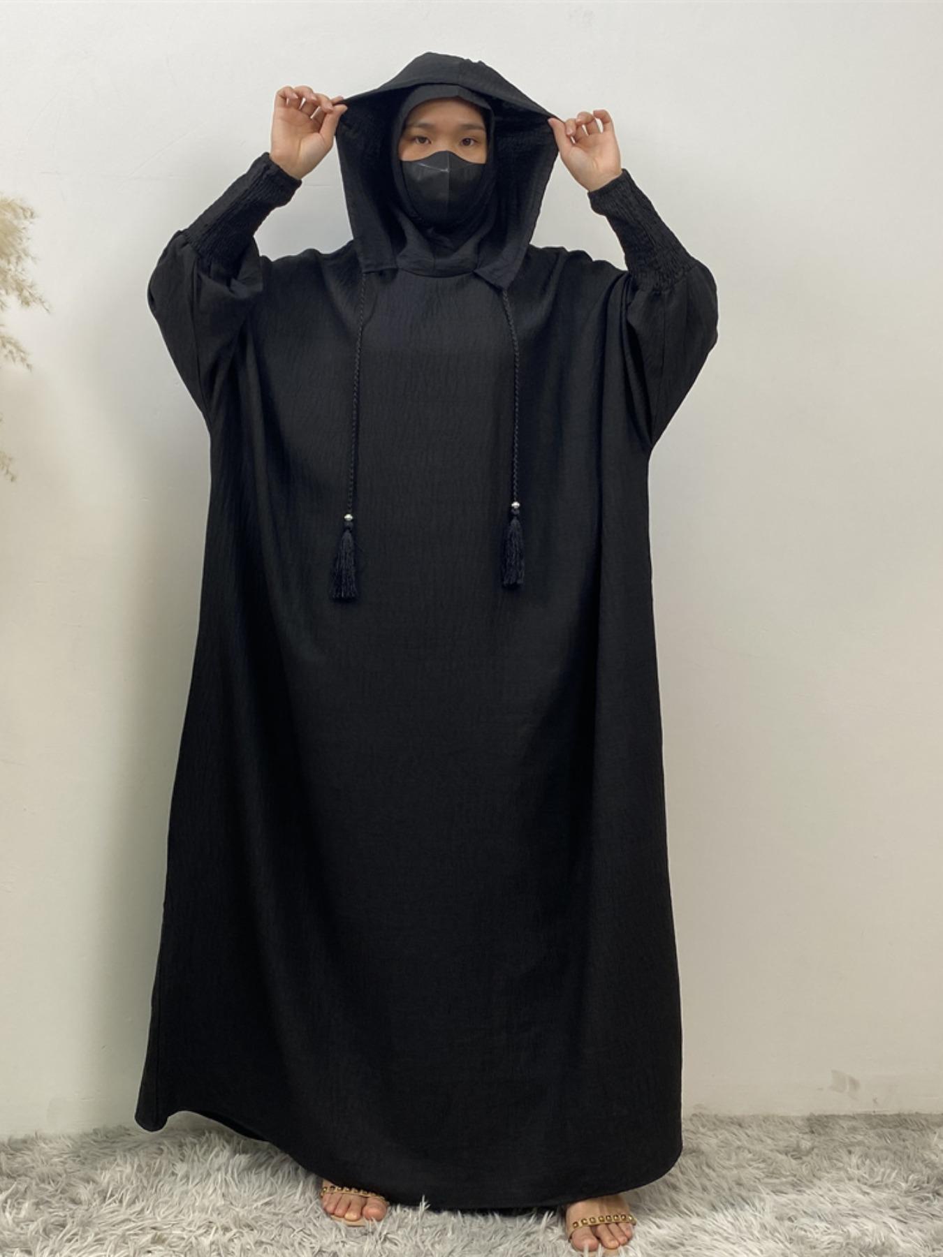 Women's Solid Color Batwing Sleeve Drawstring Hooded Dress, Casual Long Sleeve Shirred Cuff Long Dress for Spring & Fall, Women's Islamic Clothing for Daily Wear, Hooded Arabian Dress