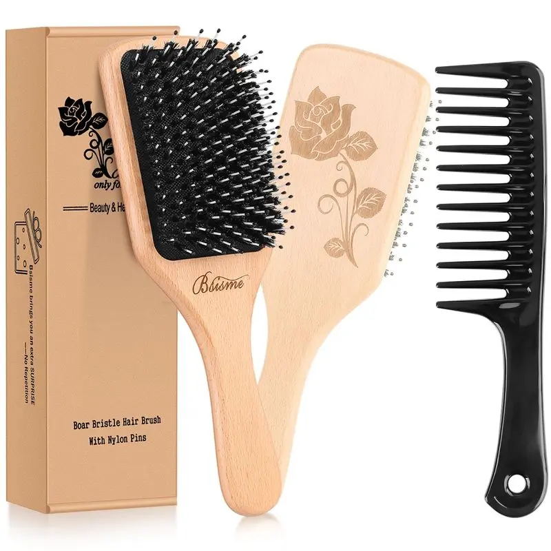 Boar bristle comb, professional hair-smoothing comb, suitable for men, women, and children, anti-static flat comb, suitable for thick, curly, straight, dry, and wet hair, reduces frizz, adds shine: beauty and personal care