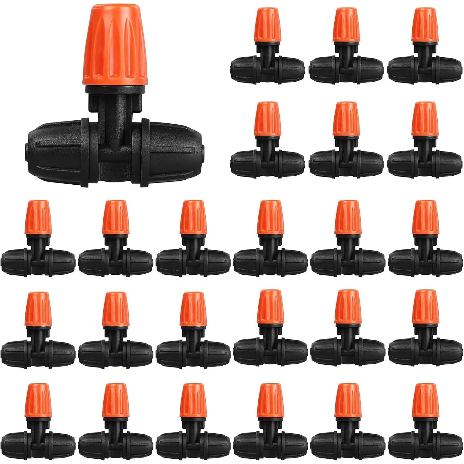 Drip Irrigation Emitters, 25 count Three-Way Atomizing Nozzle Irrigation Drippers for 1/4 Inch Tubing, Lock Barbed Drip Line  Emitters for Patio Garden Sprinkler System(Orange)