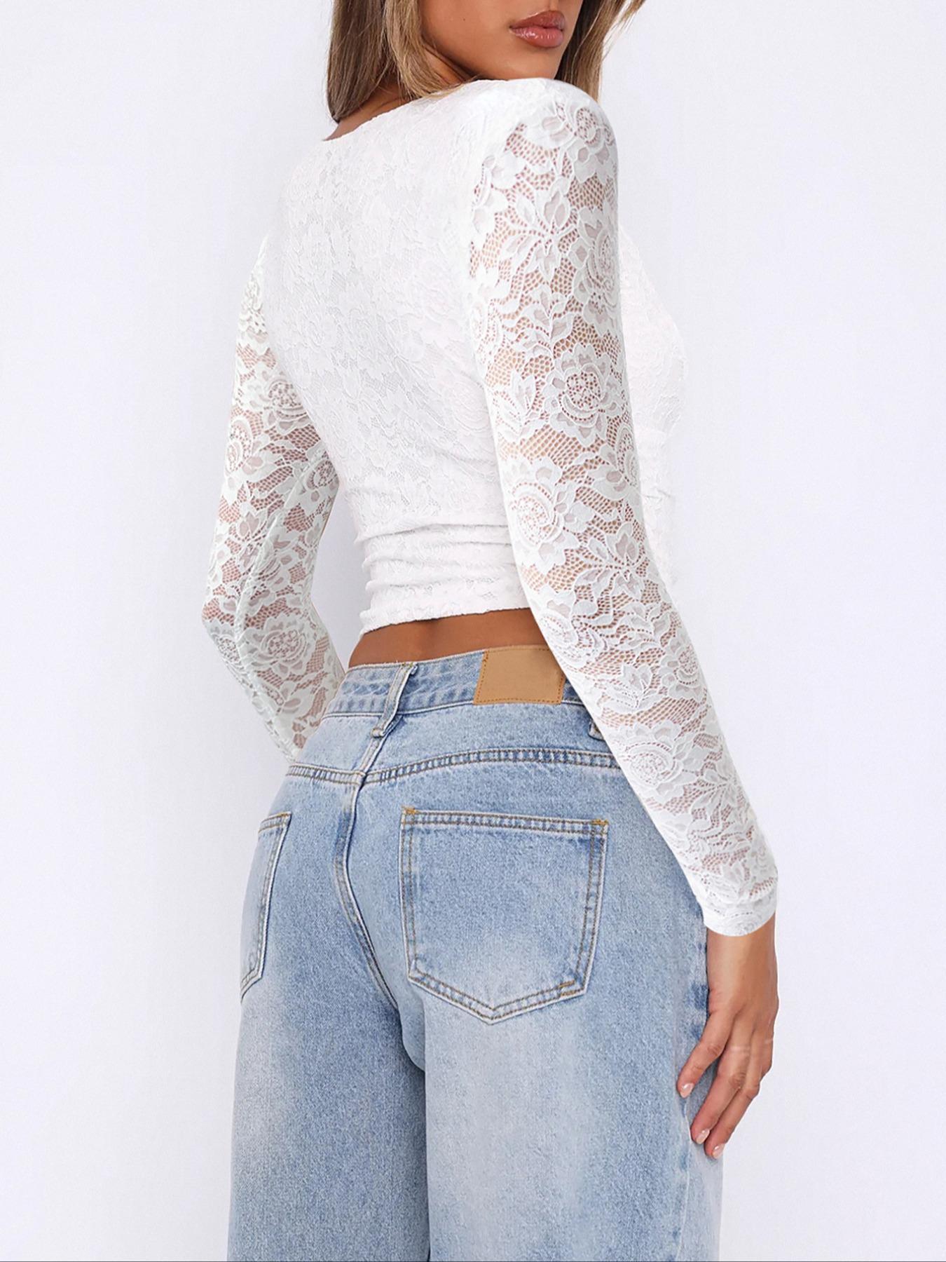 Women's Y2K V-Neck Long Sleeve Top, Contrast Lace Design, Casual Fitted Plain Shirt, Spring & Fall Fashion, S-Type Silhouette, Womenswear