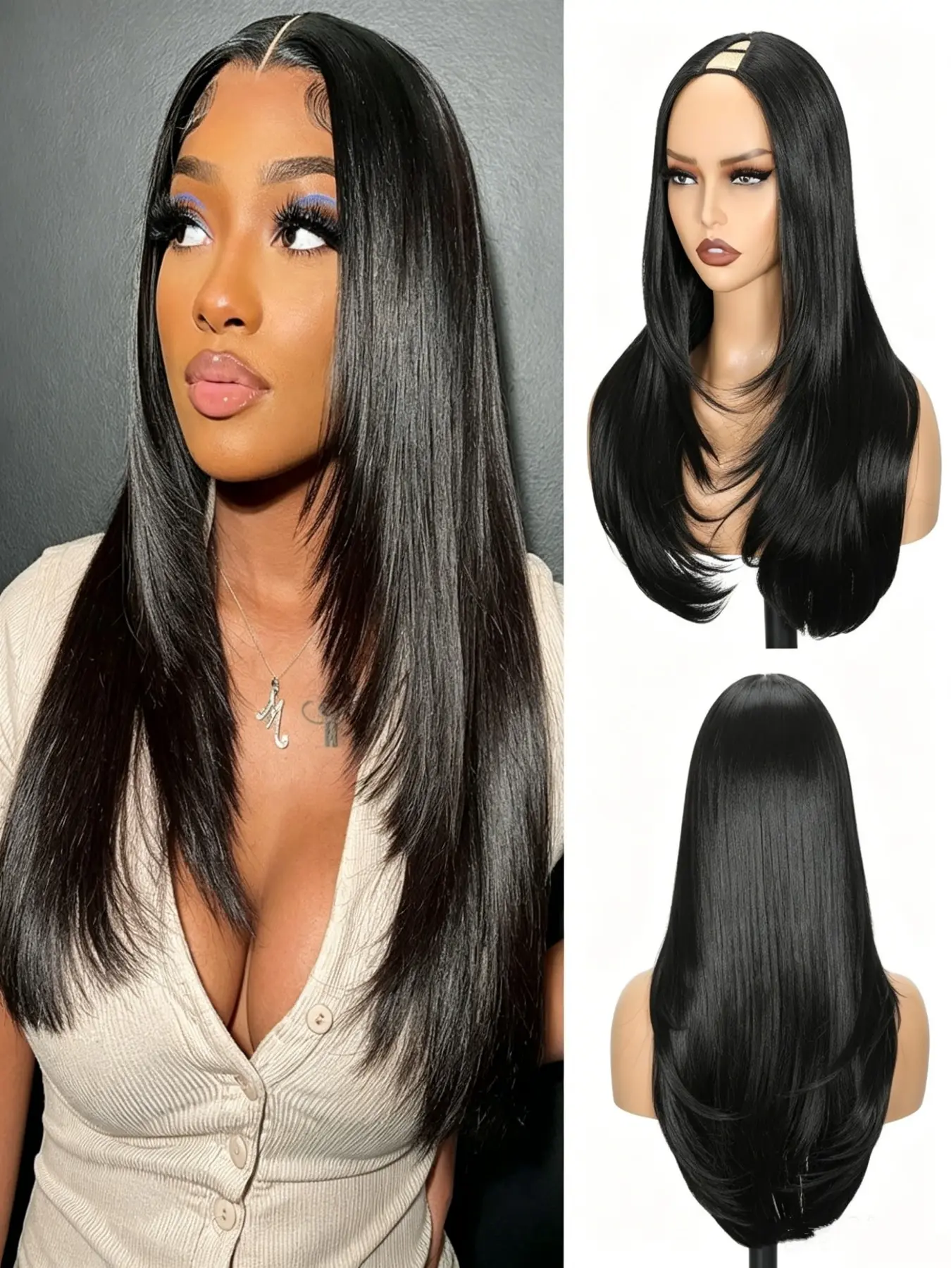 Long Straight V Part Wigs for Women Black Long Wig Layered Haircut V Part Wig Straight Synthetic Half Wig Clip In Hair Glueless Daily Use Fashion Wig (Black, 24Inch)