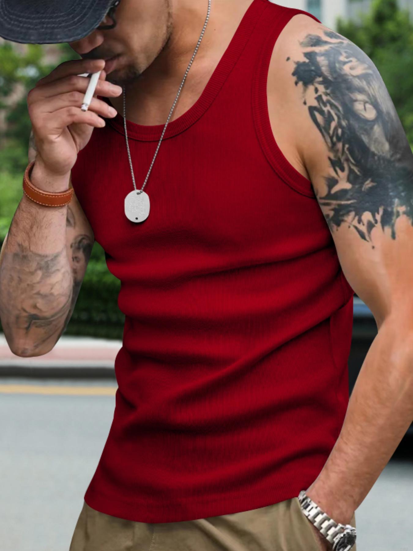 Men's Solid Racer Back Tank Top, Regular Fit Casual Breathable Scoop Neck Sleeveless Top for Daily Wear, Men's Clothes for All Seasons, Socks