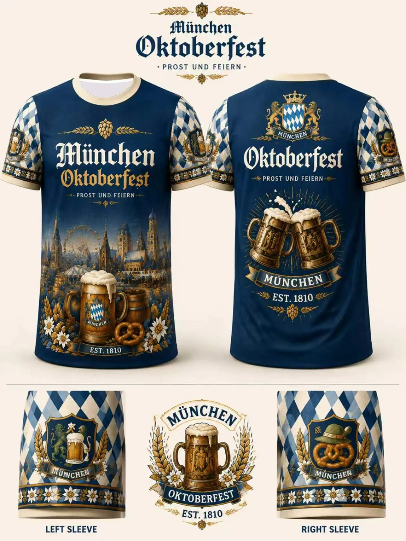 Munchen Oktoberfest Full Print T‑Shirt Vintage German Beer Festival Graphic Short Sleeve Top Crew Neck Casual Party Tee For Men Women Perfect For Beer Festival Holiday Gathering Cosplay Retro Bavarian Cultural Fashion Shirt For Festival Celebration Lovers