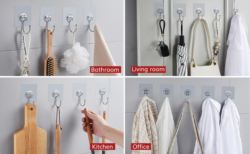 Large Heavy-Duty Adhesive Wall Hooks 44Ib Max 20 Packs Traceless Clear Removable Waterproof Rustproof for Kitchen Bathroom Home Organizer