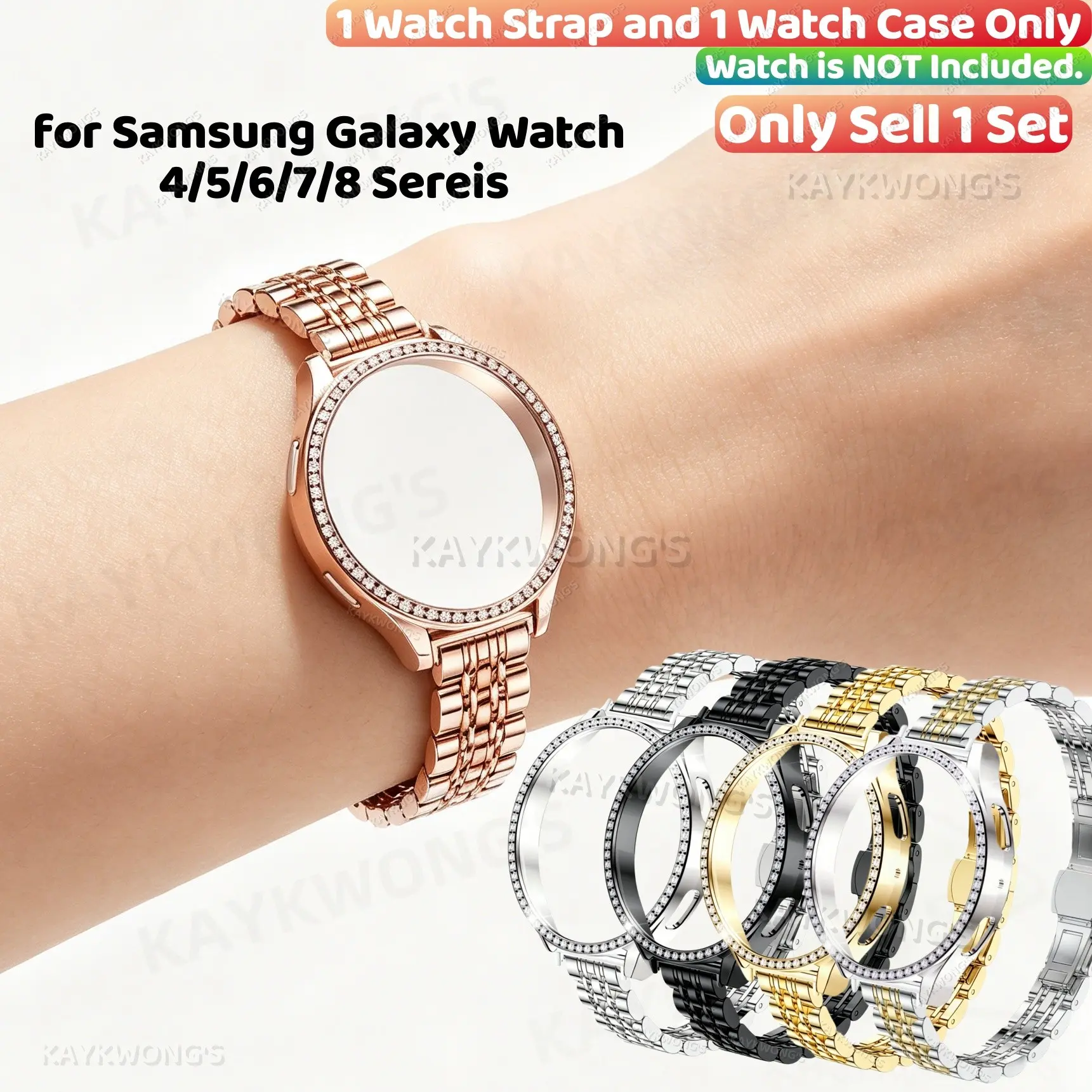 KAYKWONG'S Women's Business Style Stainless Steel Watch Strap with Single Row Rhinestone Watch Case, Adjustable Band, Smartwatch Accessories, Compatible with Samsung Galaxy Watch 4/5/6/7/8, 40mm/44mm